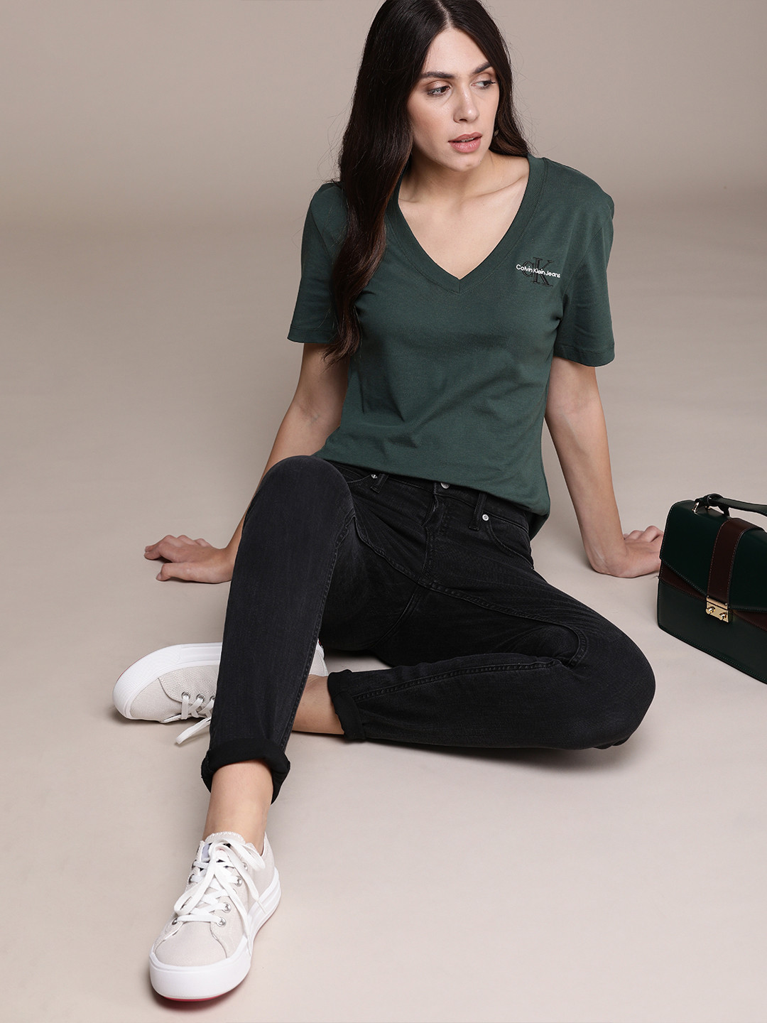 

Calvin Klein Jeans Women Green V-Neck Pure Cotton Slim Fit T-shirt