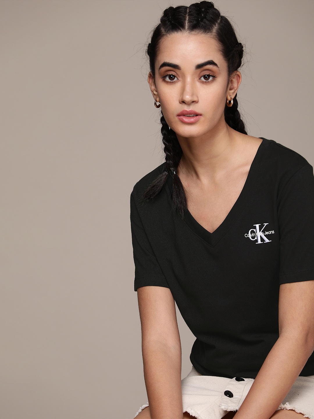 

Calvin Klein Jeans Women Black Embroidered V-Neck Pure Cotton Slim Fit T-shirt
