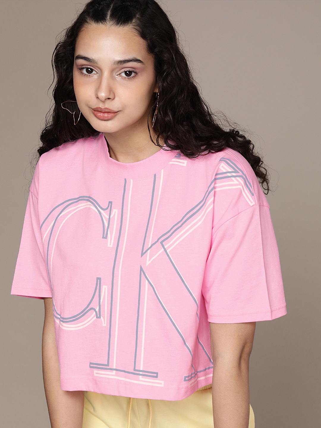 

Calvin Klein Jeans Women Pink Brand Logo Printed Drop-Shoulder Sleeves Pure Cotton Boxy T-shirt