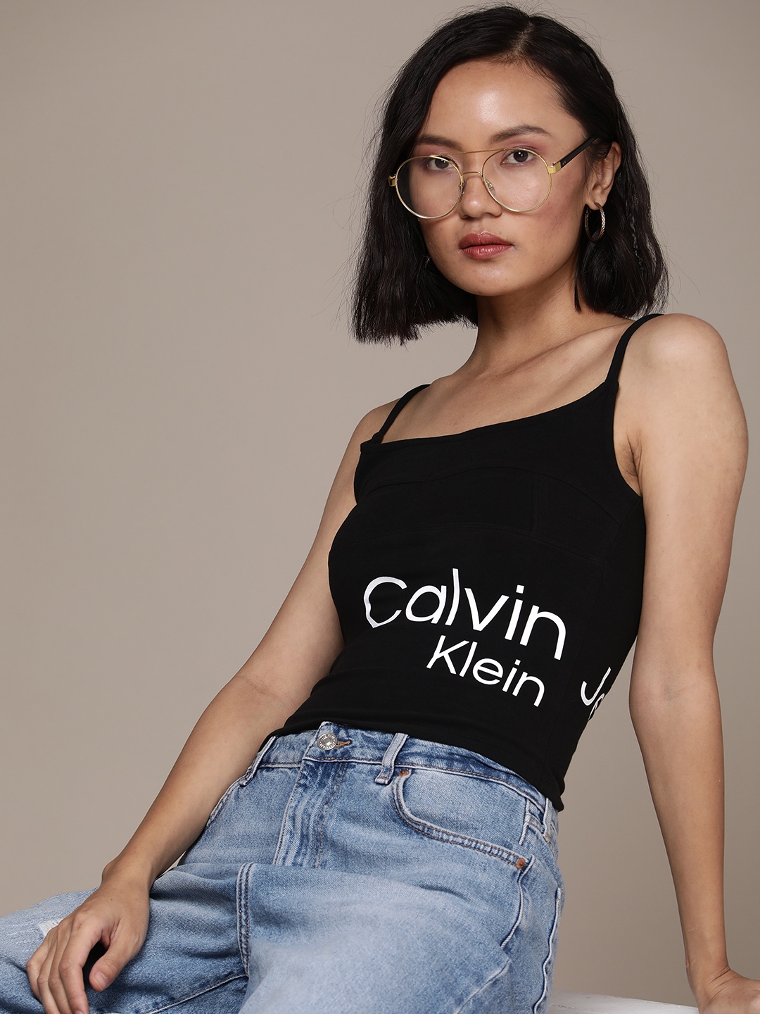 

Calvin Klein Jeans Women Black & White Brand Logo Printed Envelope Neck Slim Fit T-shirt