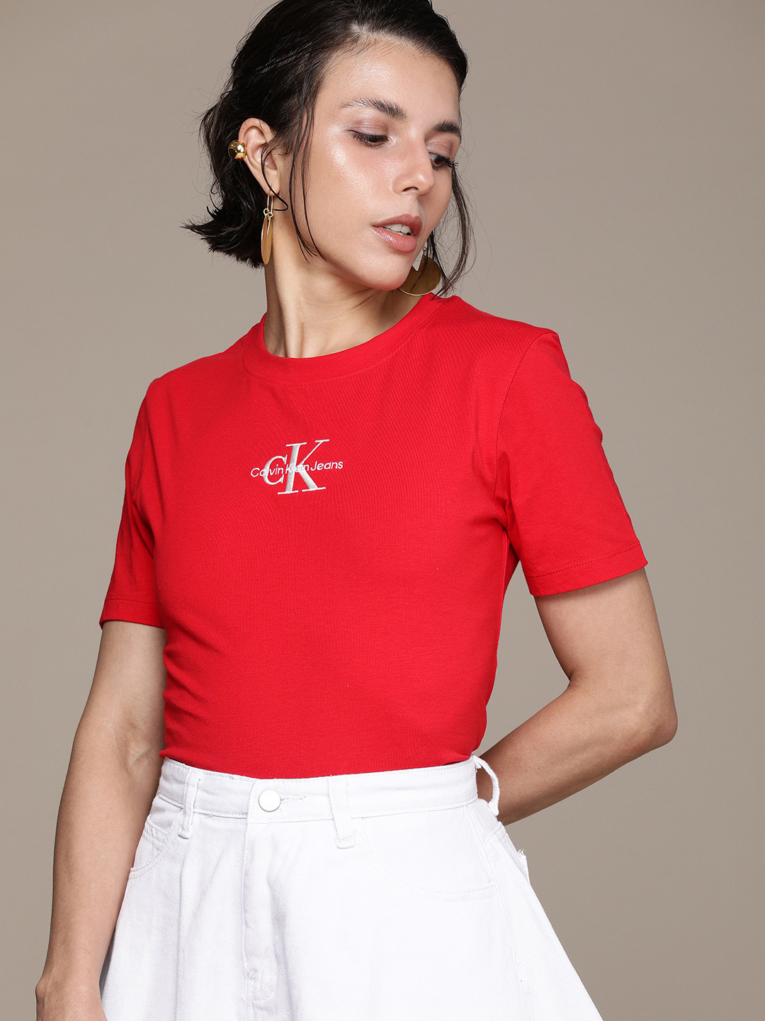 

Calvin Klein Jeans Women Red Embroidered Pure Cotton Slim Fit T-shirt