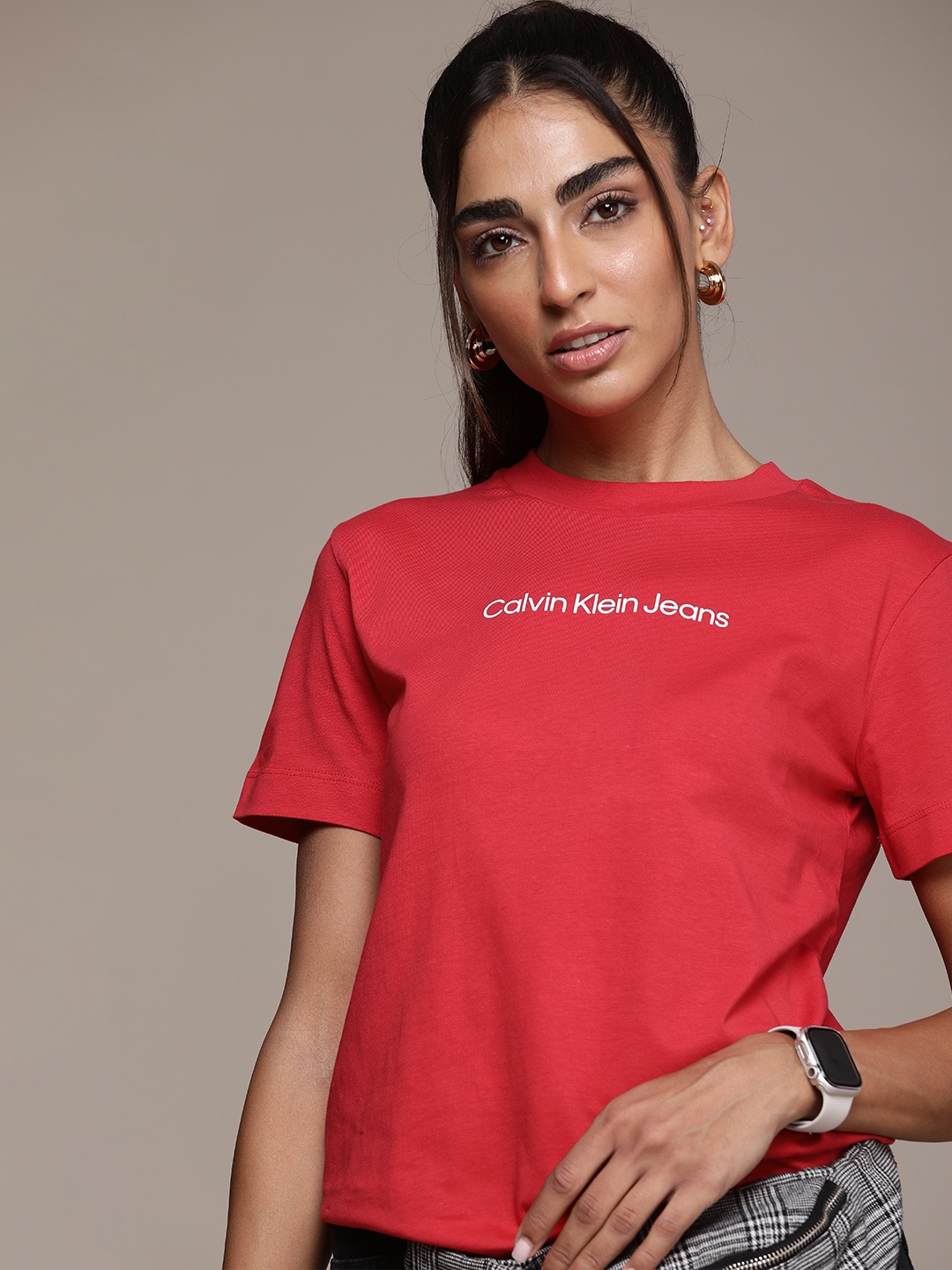 

Calvin Klein Jeans Women Red Brand Logo Printed Pure Cotton Applique T-shirt