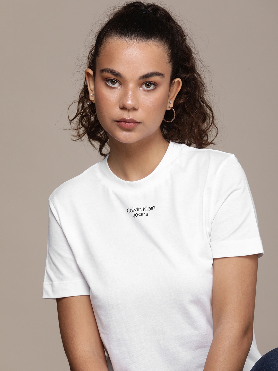 

Calvin Klein Jeans Women White & Black Brand Logo Printed T-shirt