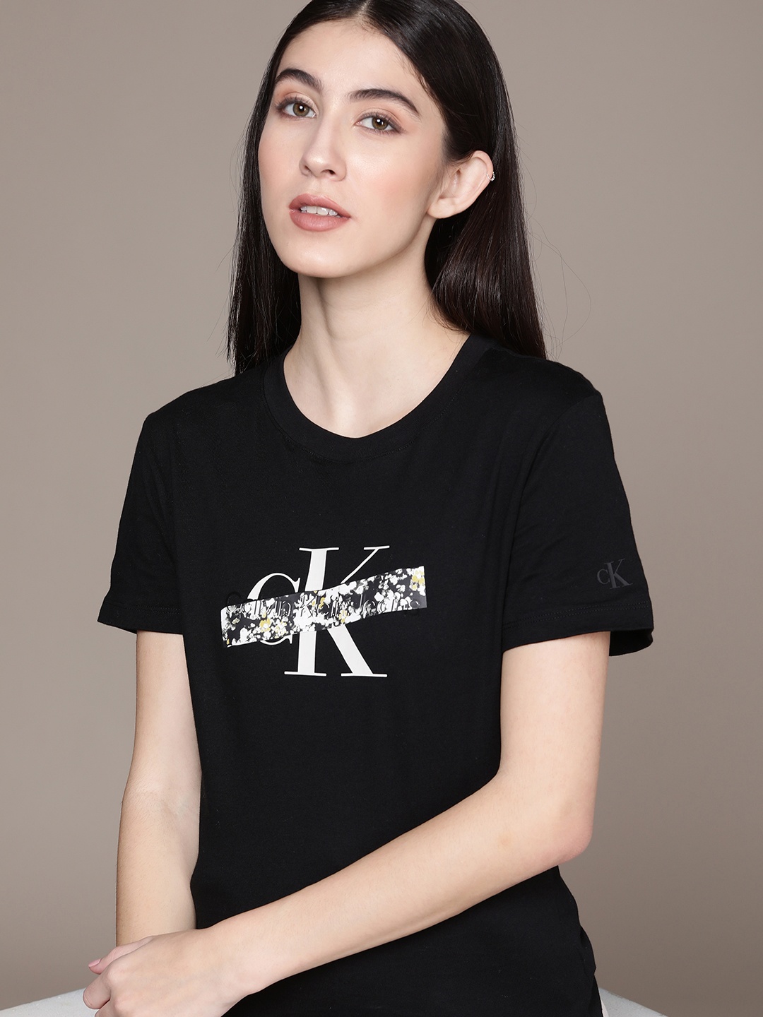 

Calvin Klein Jeans Women Black Brand Logo Printed Organic Cotton Slim Fit T-shirt