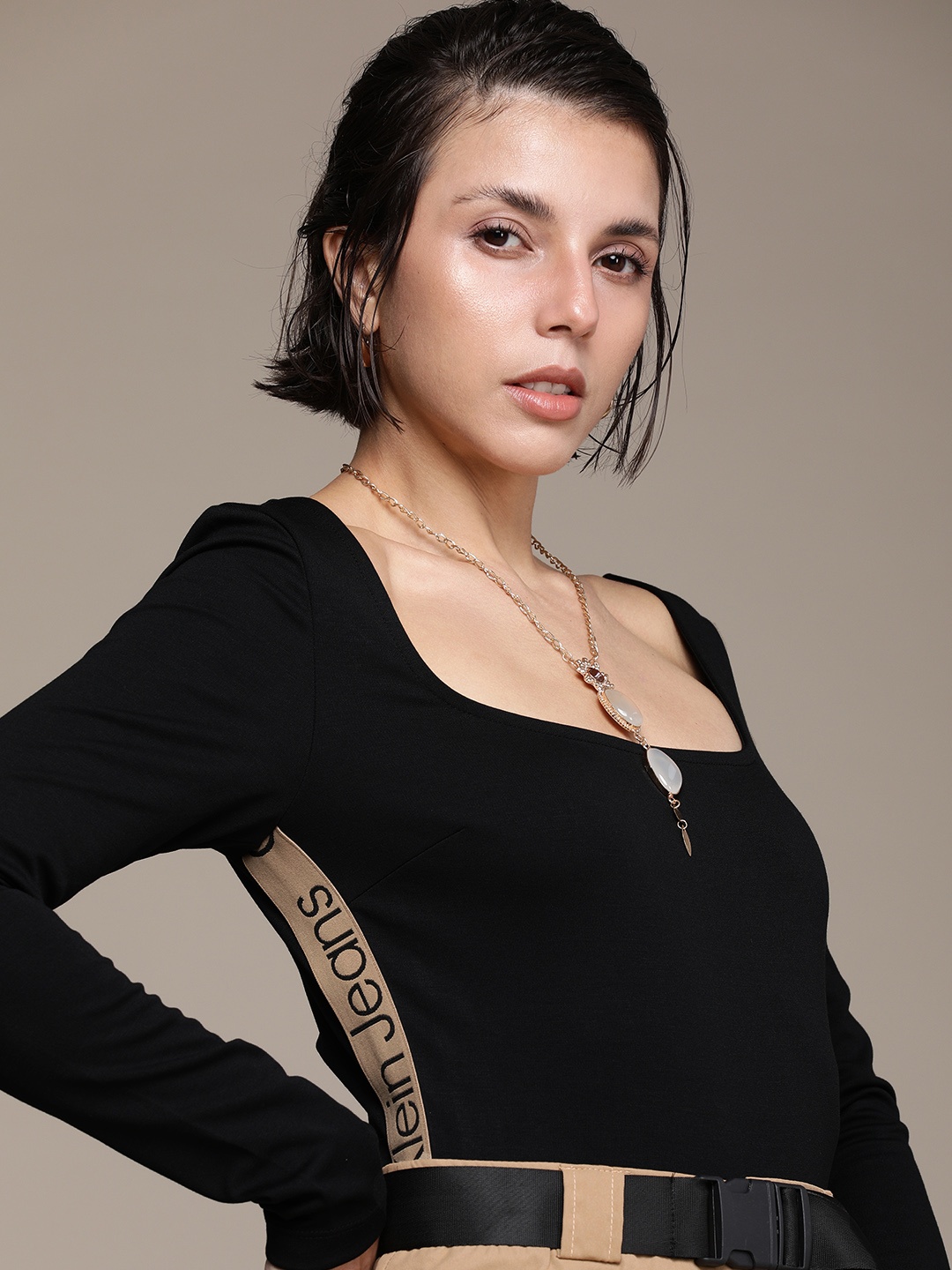 

Calvin Klein Jeans Women Black Solid Bodysuit