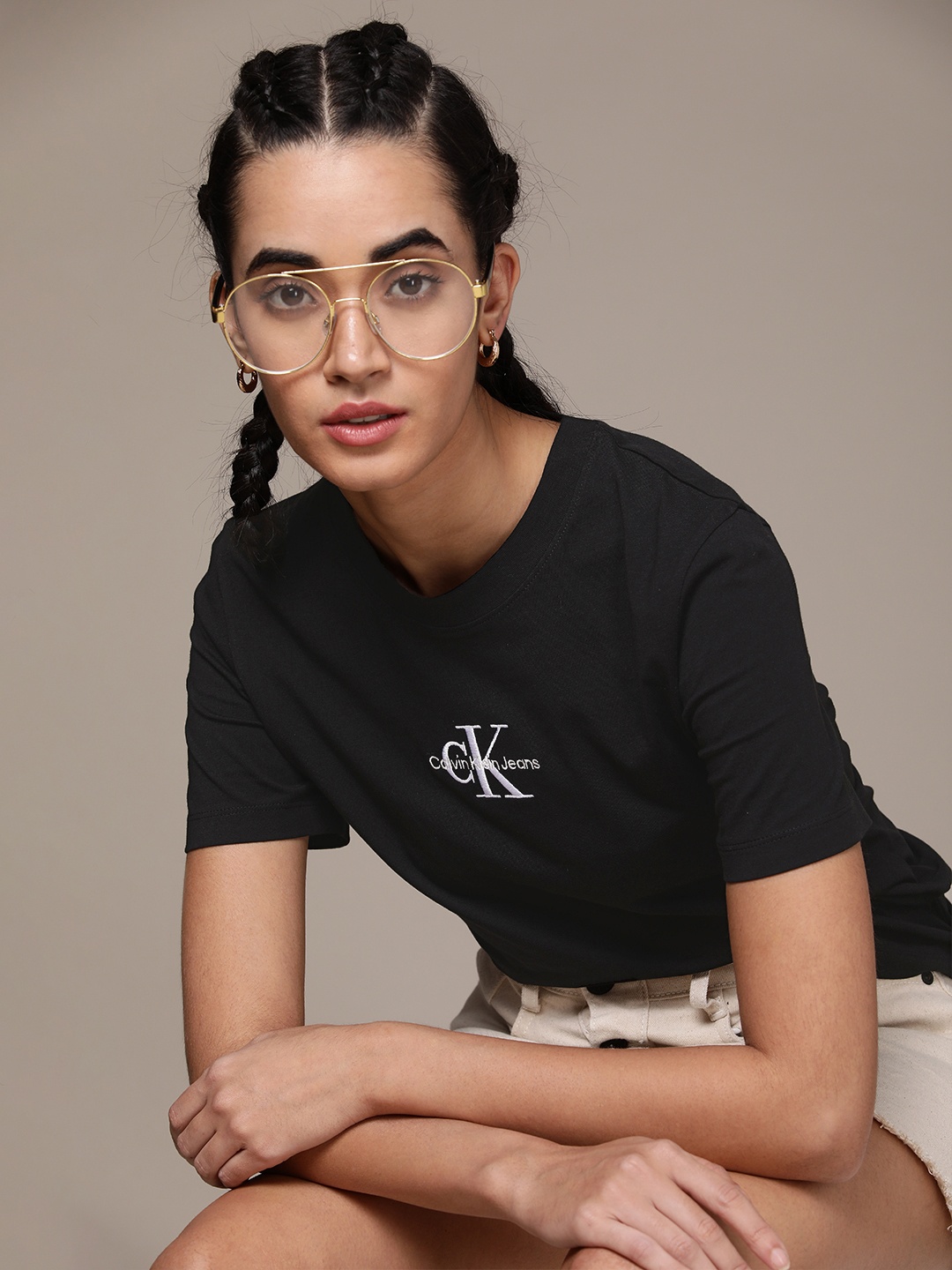 

Calvin Klein Jeans Women Black Brand Logo Printed Pure Cotton Slim Fit T-shirt