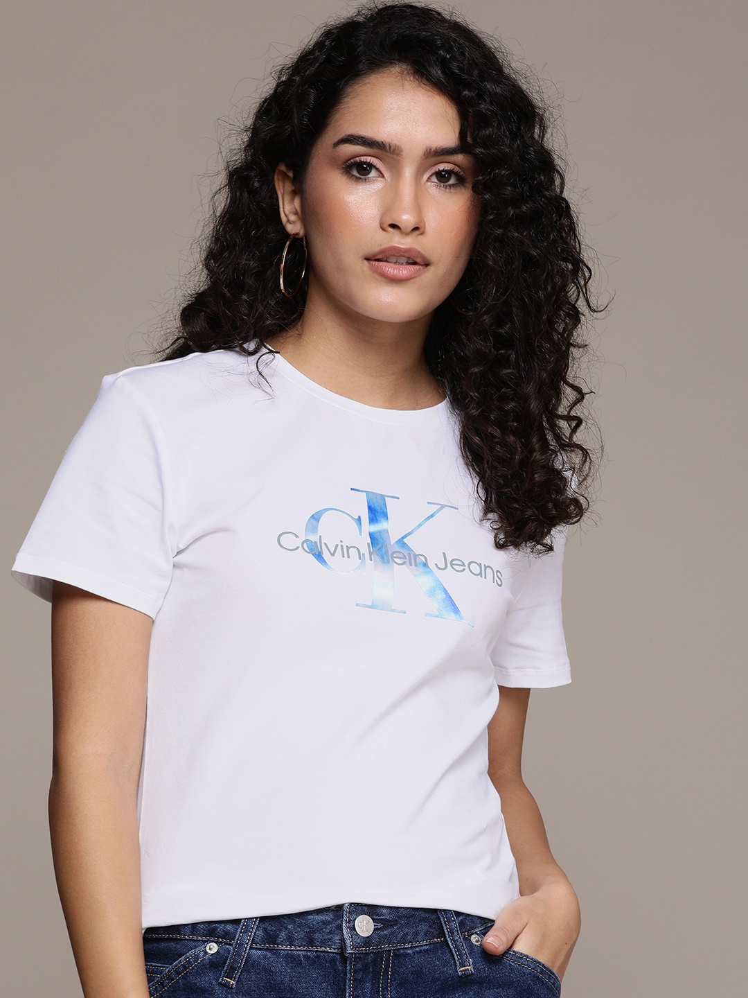 

Calvin Klein Jeans Women White Brand Logo Printed T-shirt