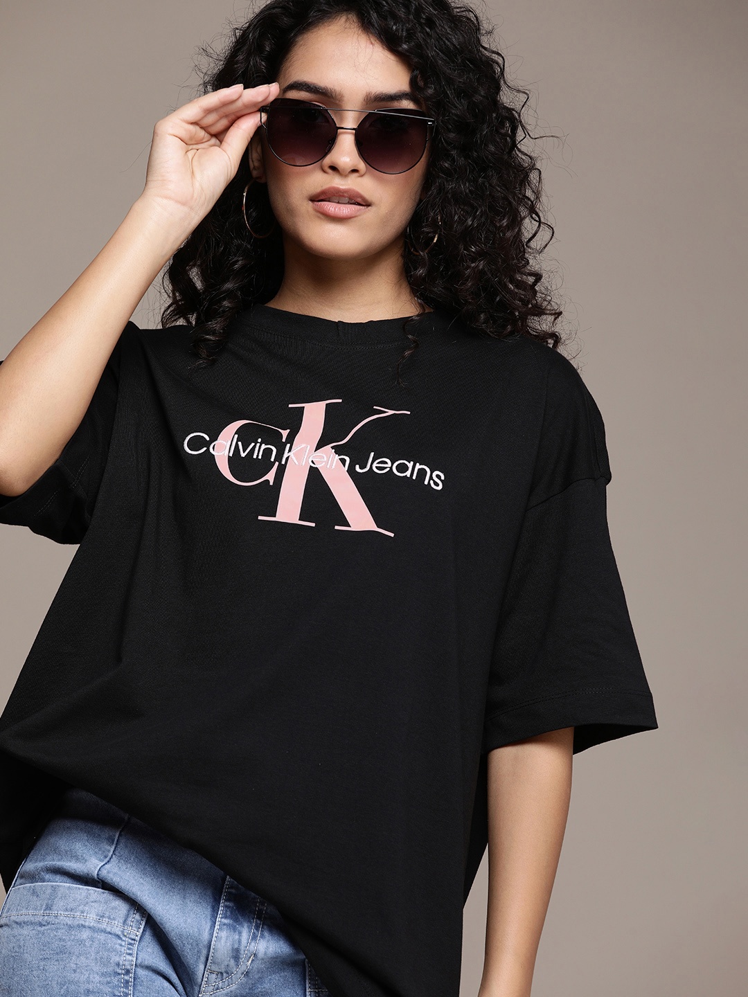 

Calvin Klein Jeans Women Black Brand Logo Printed Pure Cotton Applique T-shirt