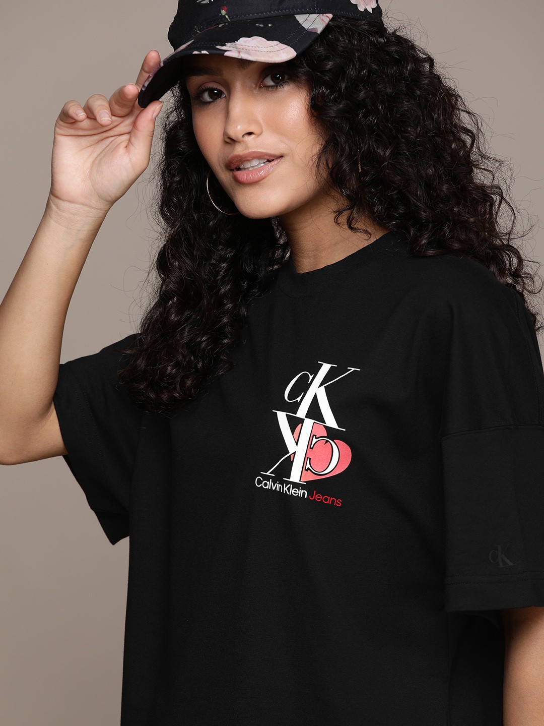 

Calvin Klein Jeans Women Black Brand Logo Printed Pure Cotton Applique T-shirt