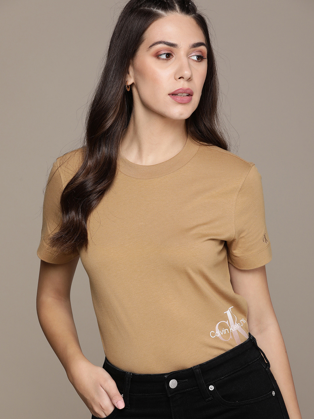 

Calvin Klein Jeans Women Camel Brown Brand Logo Printed Pure Cotton Applique T-shirt