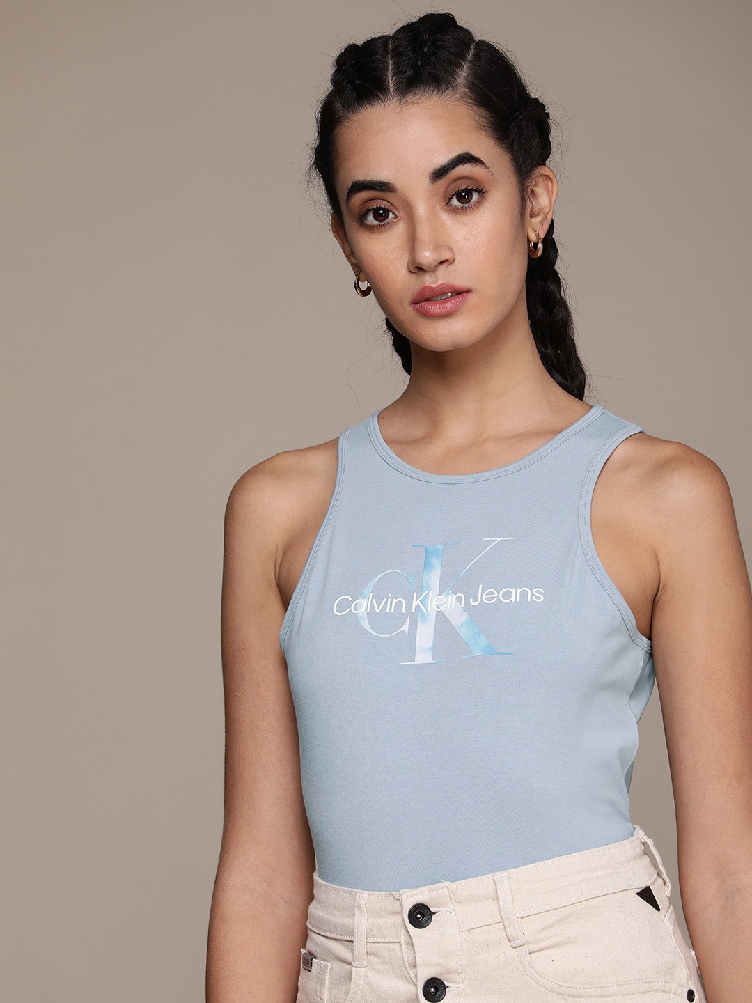 

Calvin Klein Jeans Women Light Blue Brand Logo Printed Applique Slim Fit T-shirt