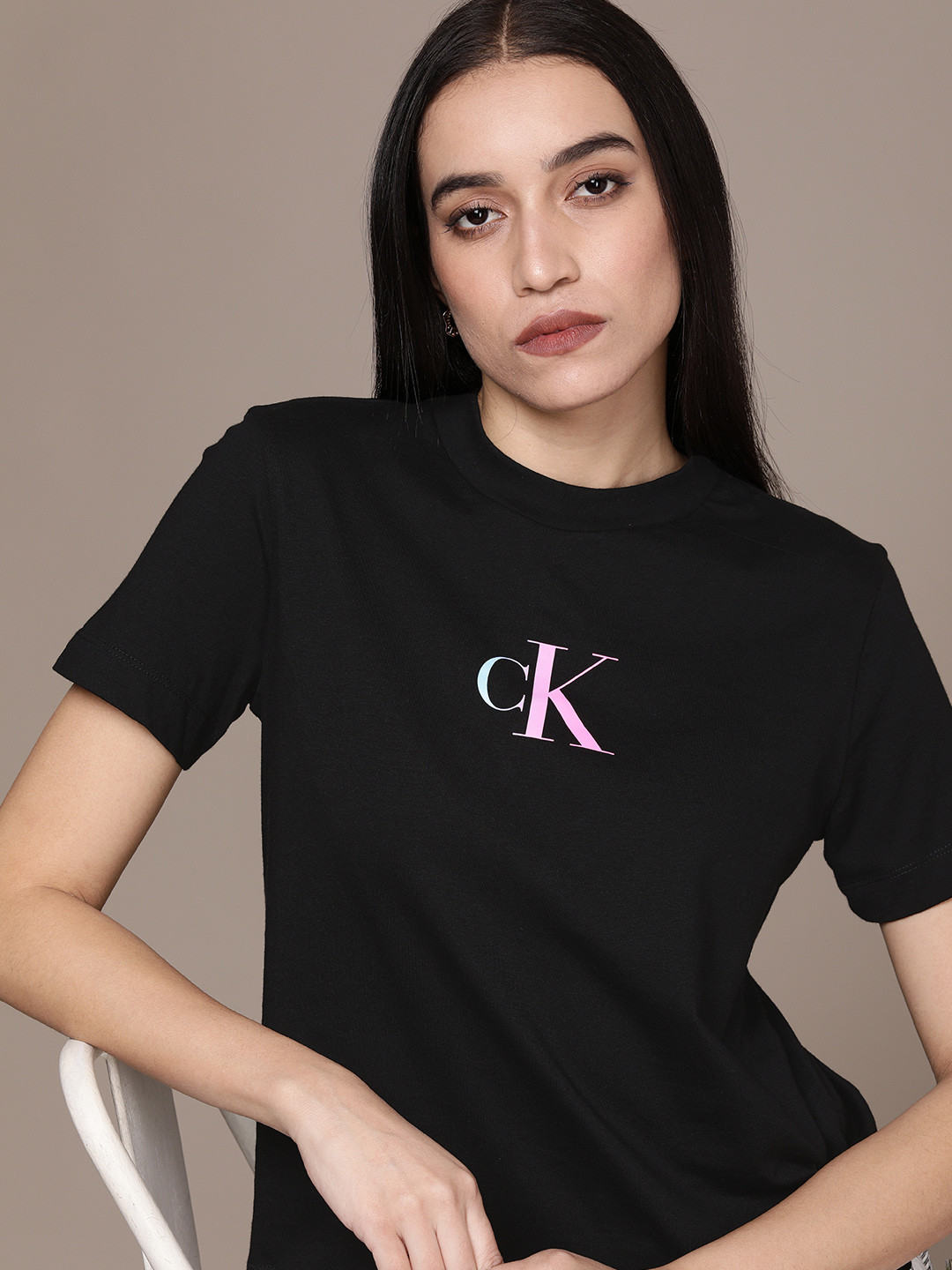 

Calvin Klein Jeans Women Black Pure Cotton Brand Logo Printed T-shirt