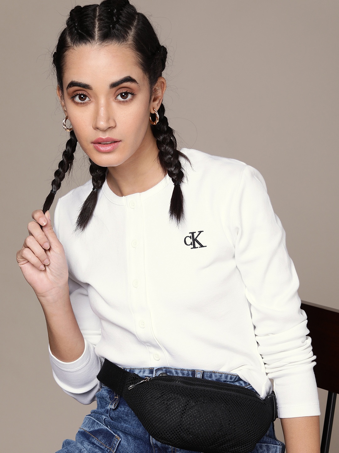 

Calvin Klein Jeans Women White & Black Brand Logo Printed Slim Fit T-shirt