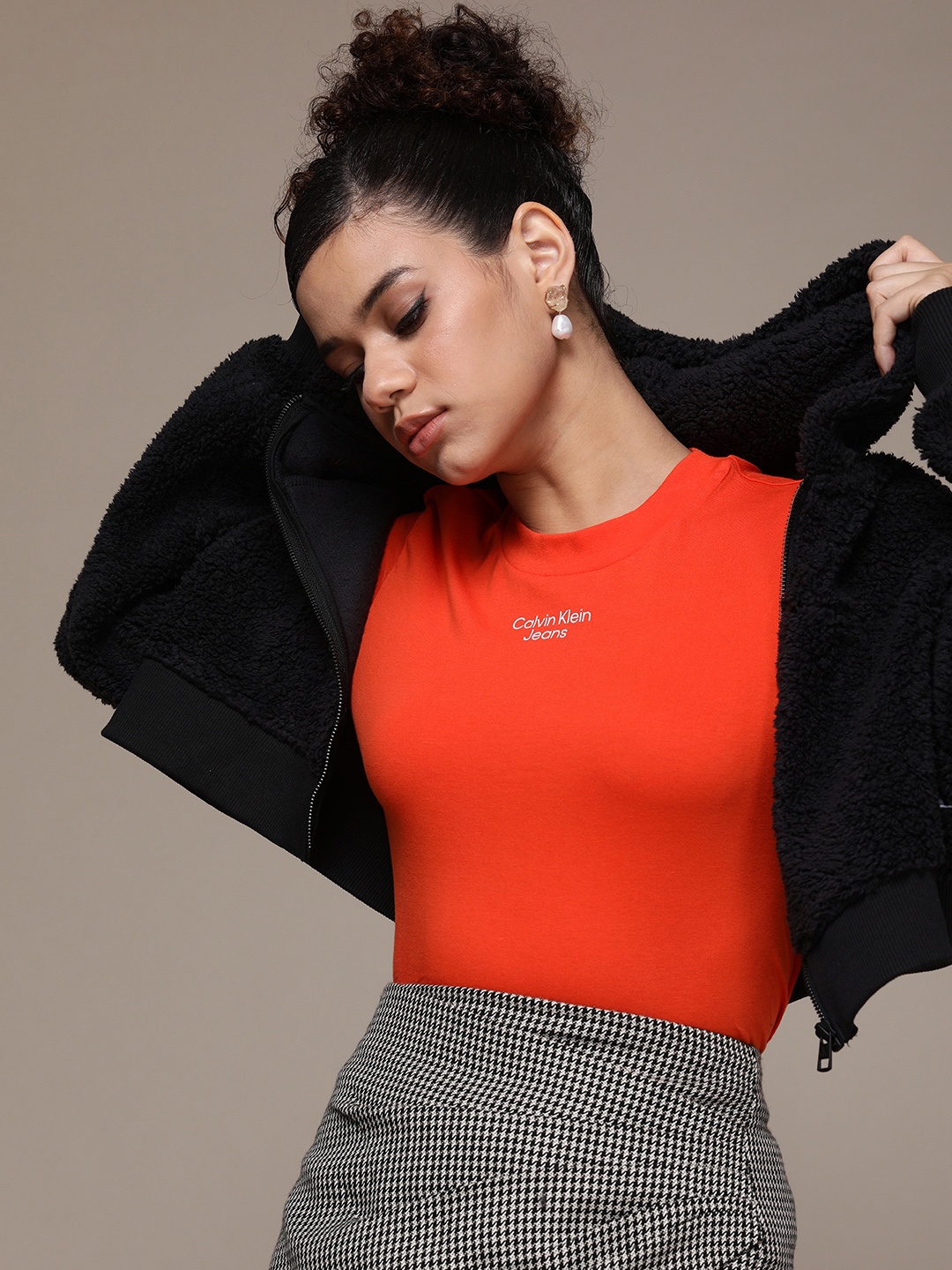 

Calvin Klein Jeans Women Orange Brand Logo Print Round Neck T-shirt