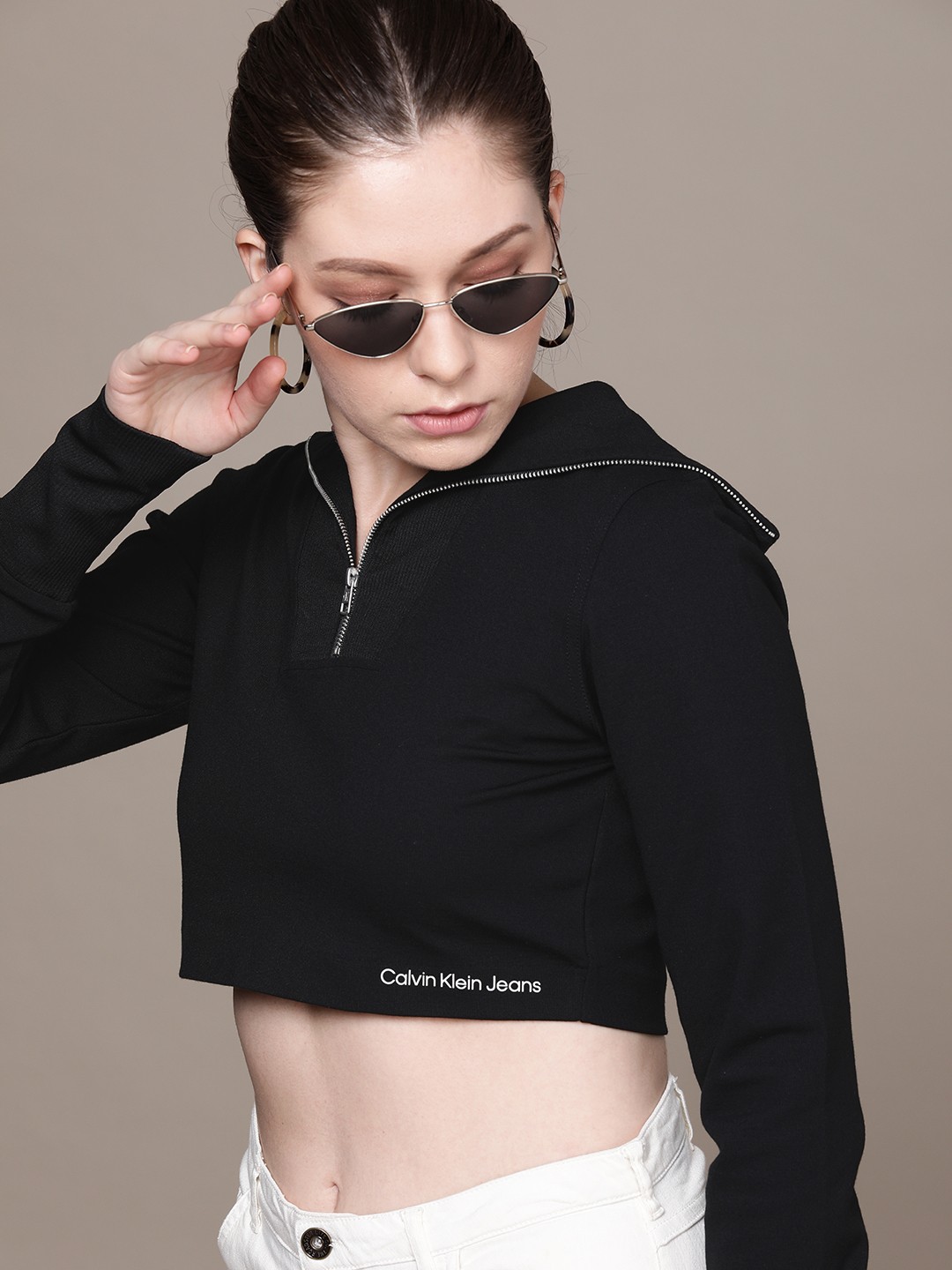 

Calvin Klein Jeans Women Black Solid Polo Collar Crop T-shirt