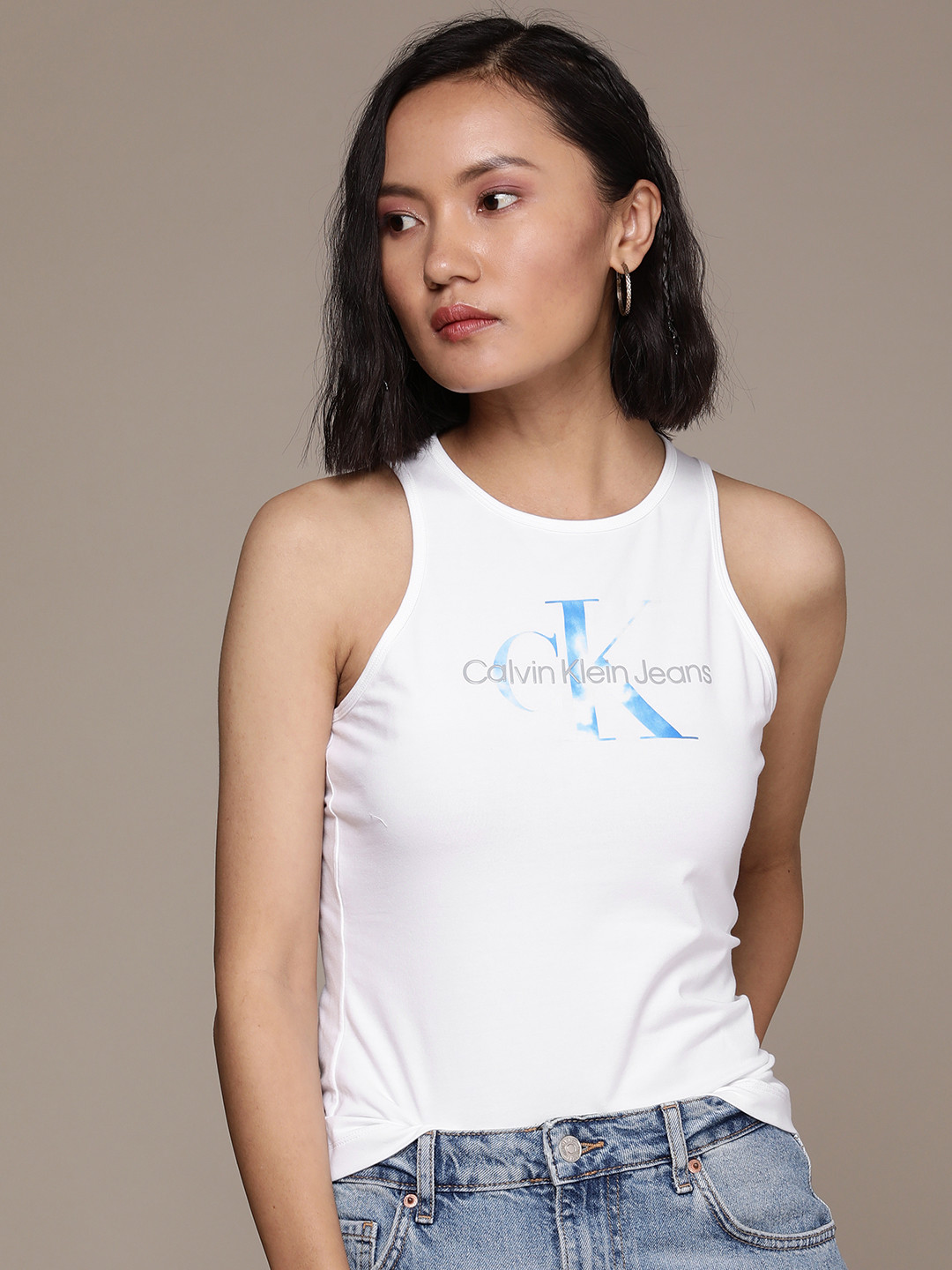 

Calvin Klein Jeans Women White & Blue Brand Logo Racerback Slim Fit T-shirt