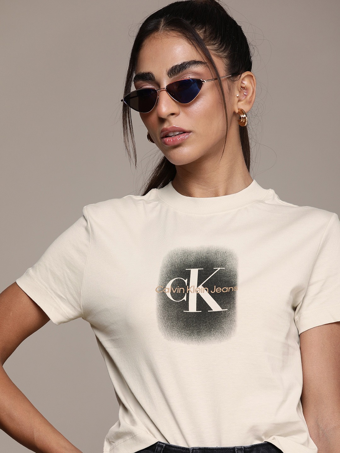 

Calvin Klein Jeans Women Off White Brand Logo Printed Pure Cotton T-shirt