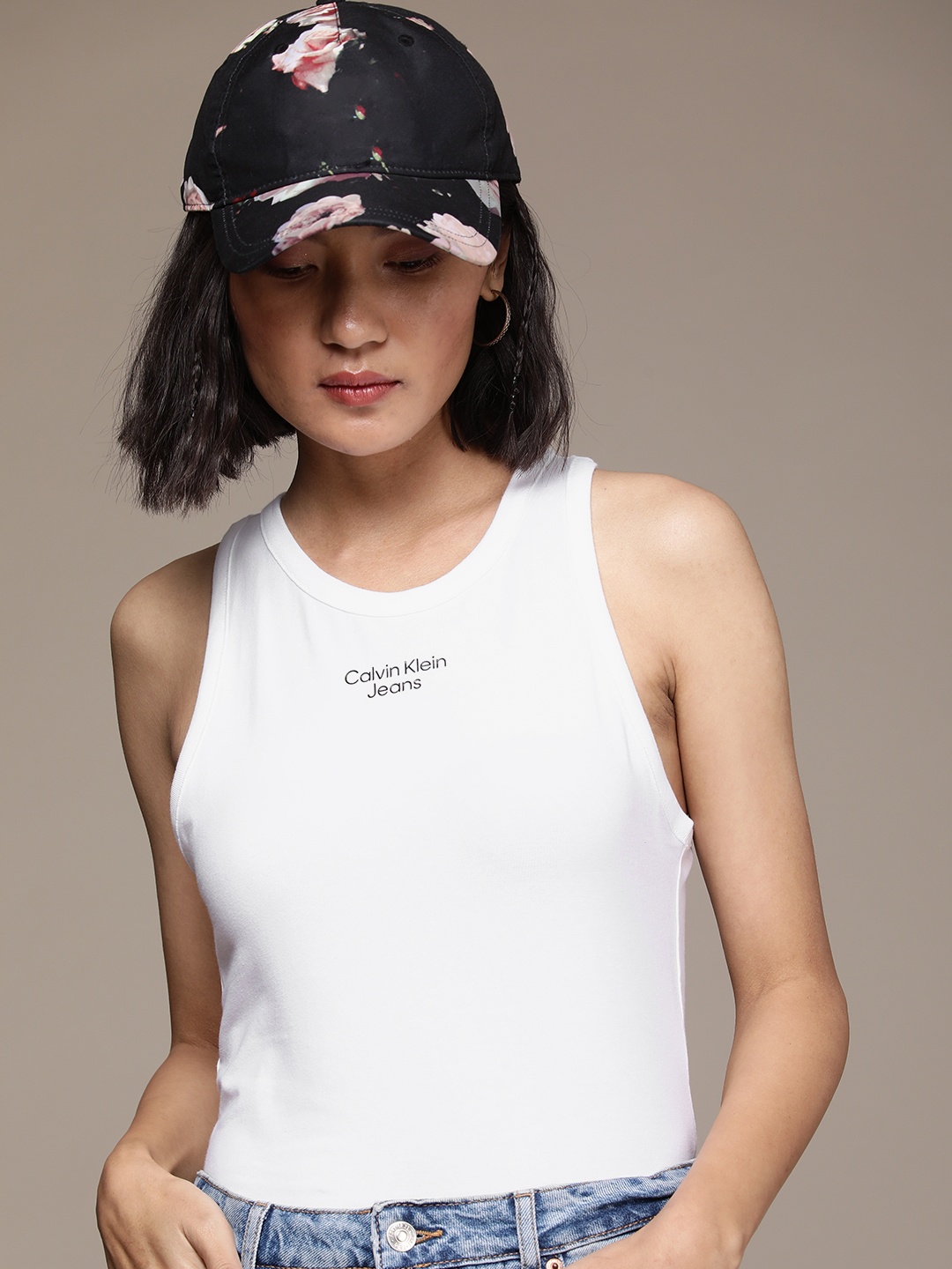 

Calvin Klein Jeans Women White Brand Logo Printed Racerback Slim Fit T-shirt