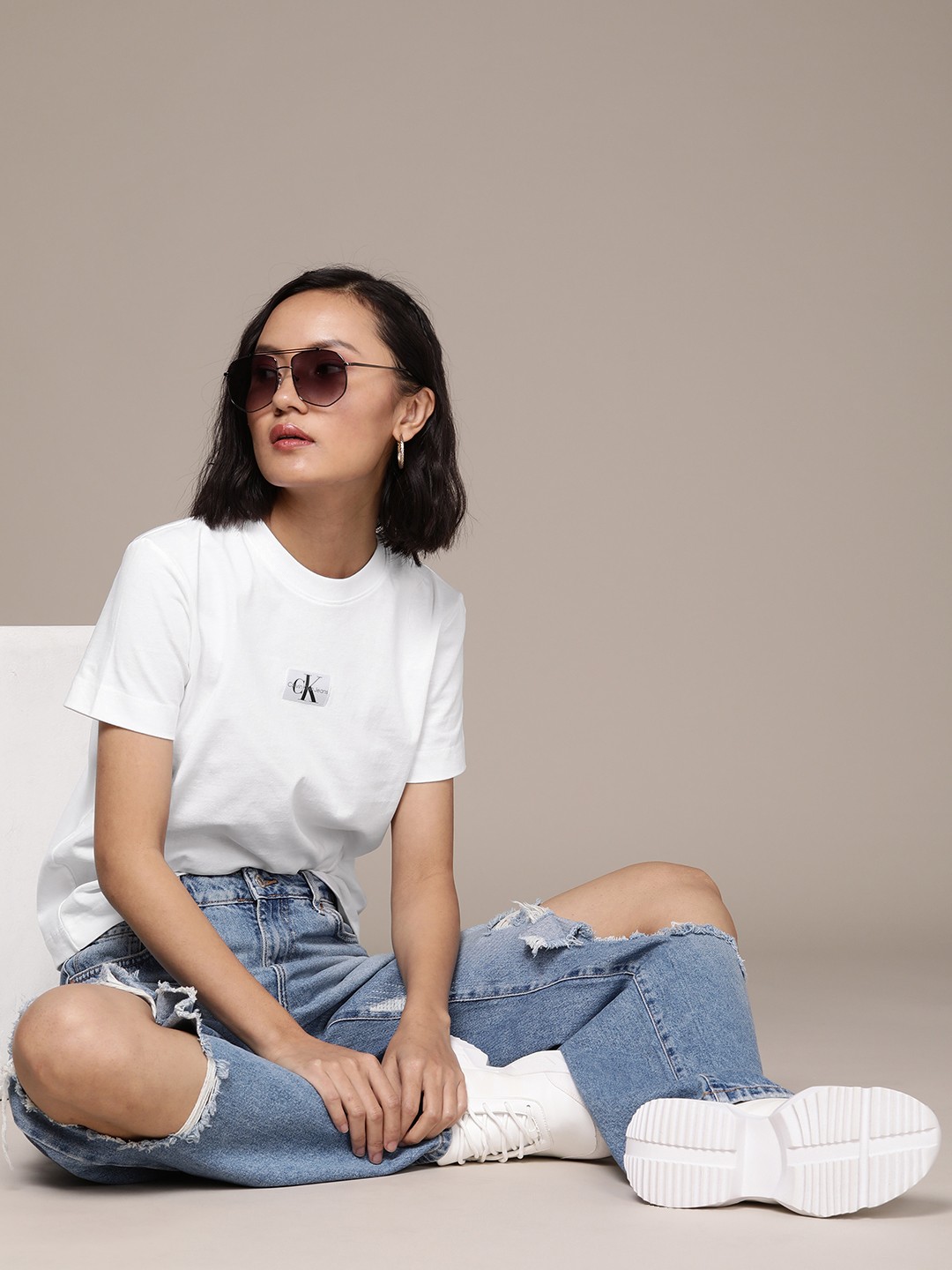 

Calvin Klein Jeans Women White & Black Brand Logo Printed Pure Cotton T-shirt
