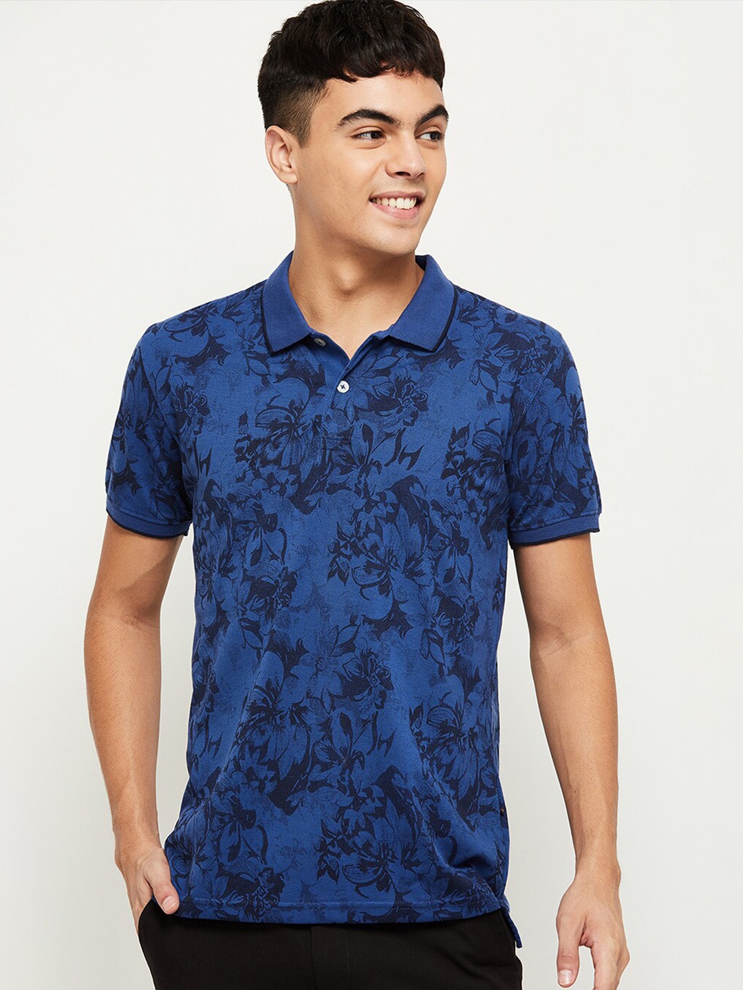 

max Men Navy Blue Floral Printed Polo Collar Tropical T-shirt
