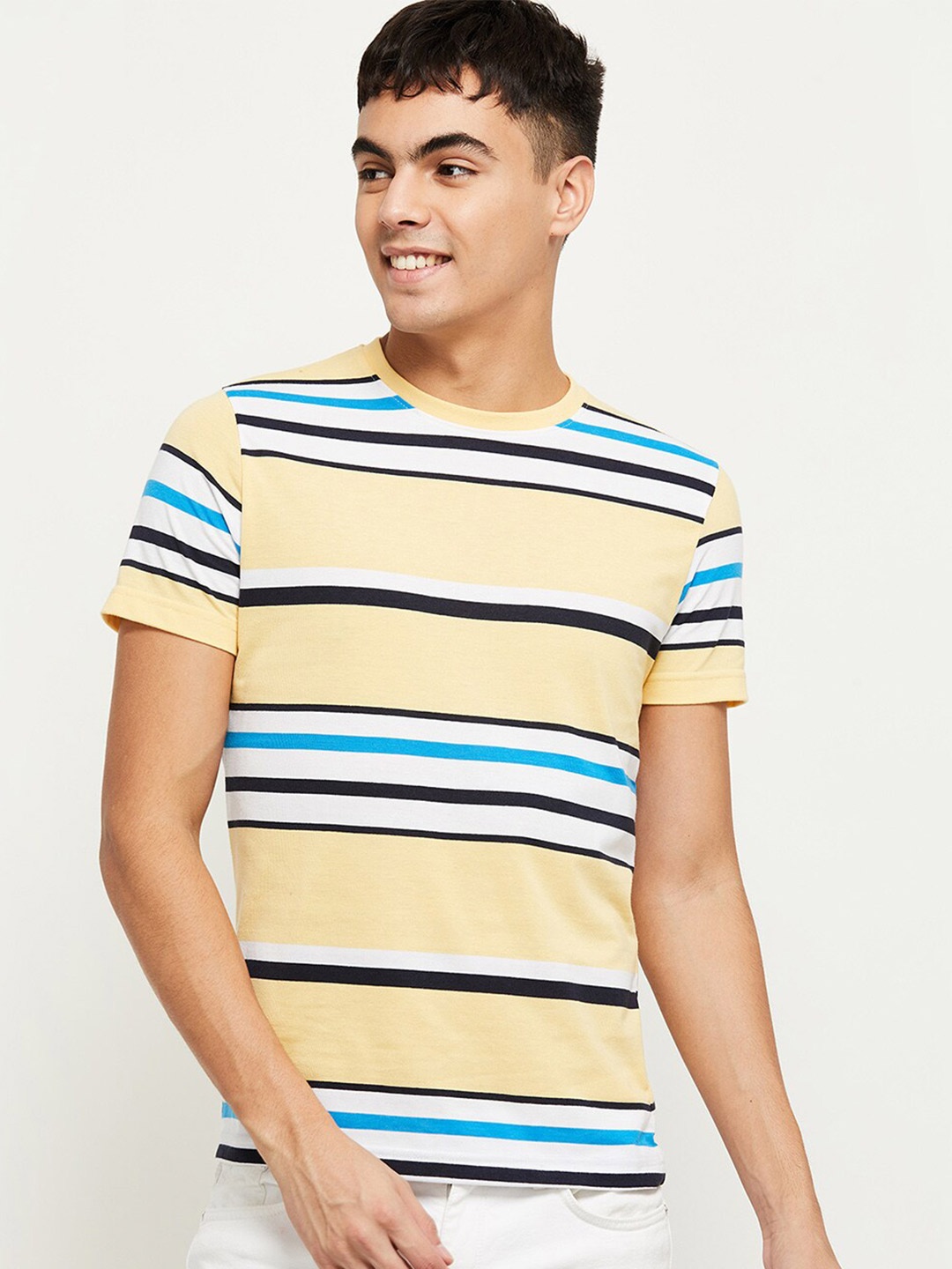 max Men Yellow & White Striped Round Neck Regular Fit T-shirt