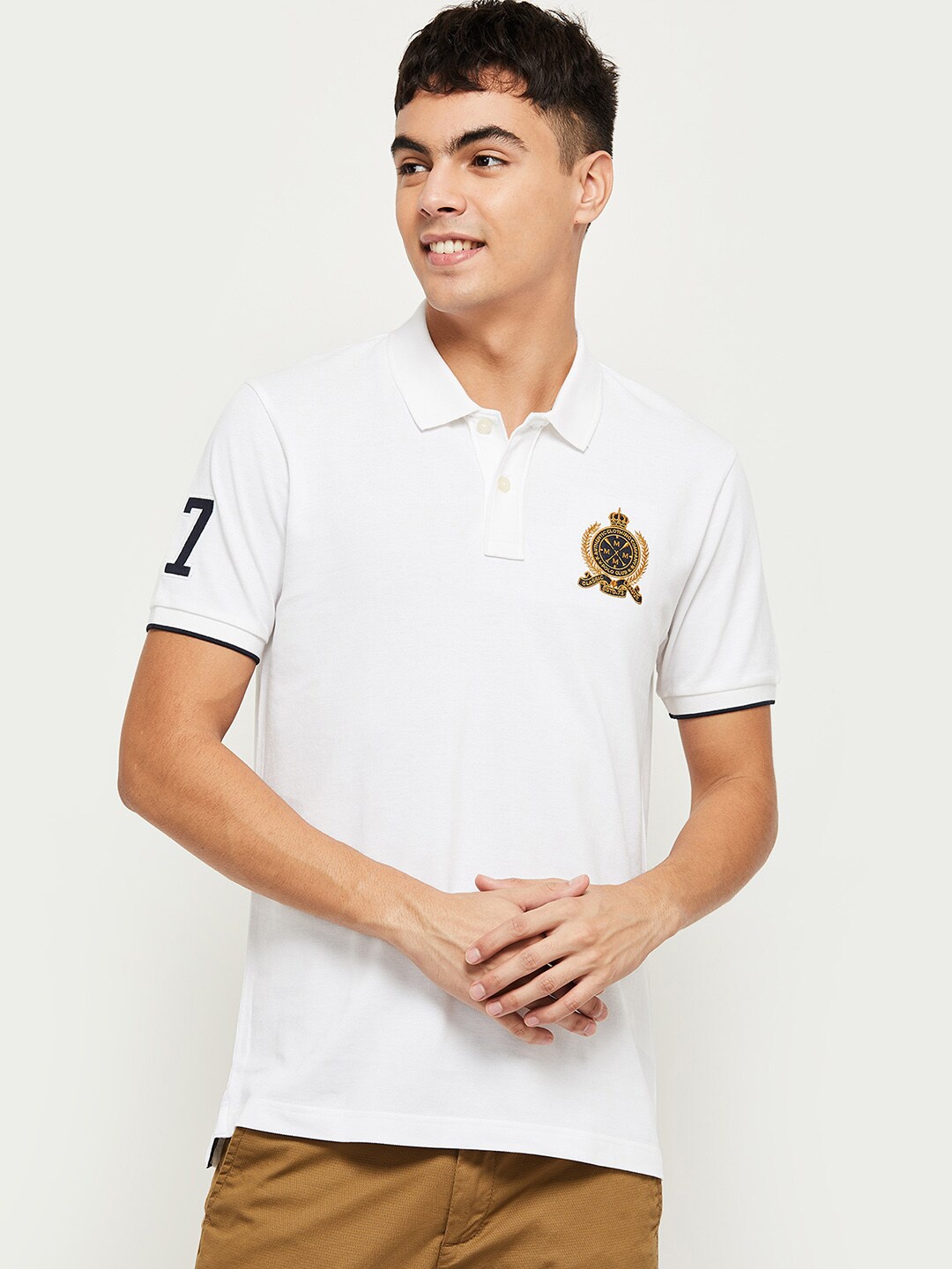 

max Men White Polo Collar Applique Solid Cotton T-shirt