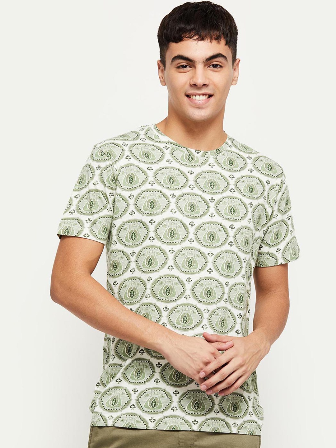 

max Men Green Printed Cotton T-shirt