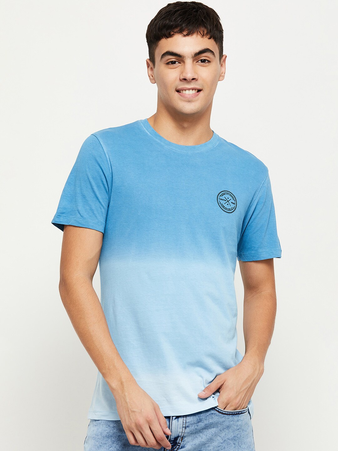 

max Men Blue Dyed Applique T-shirt