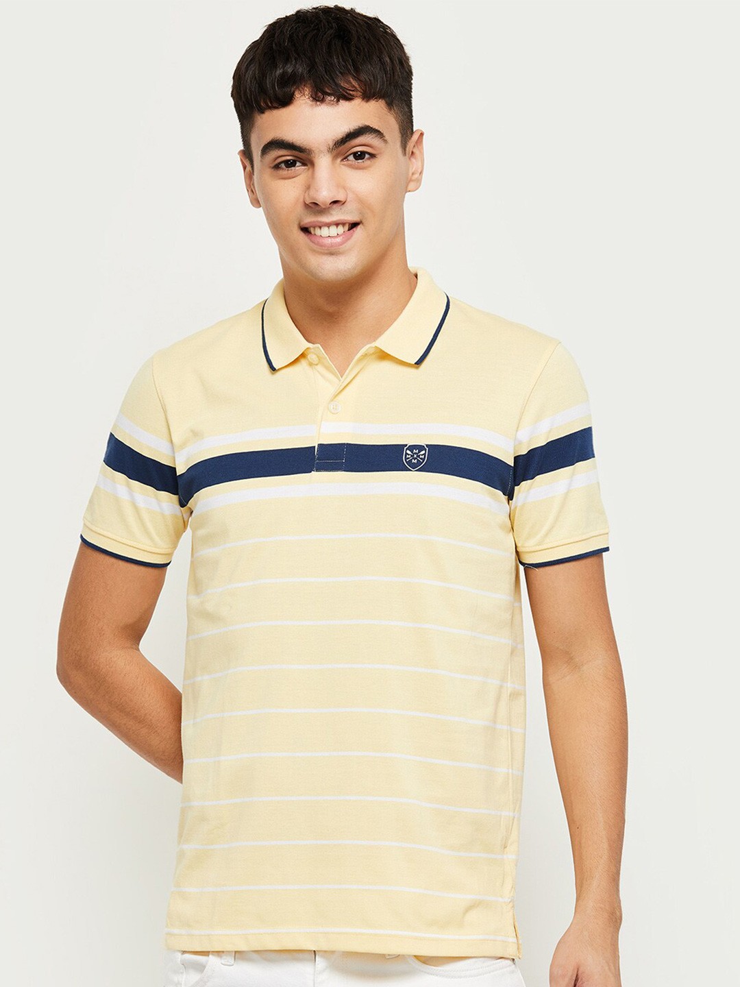 

max Men Yellow & almond oil Striped Polo Collar T-shirt