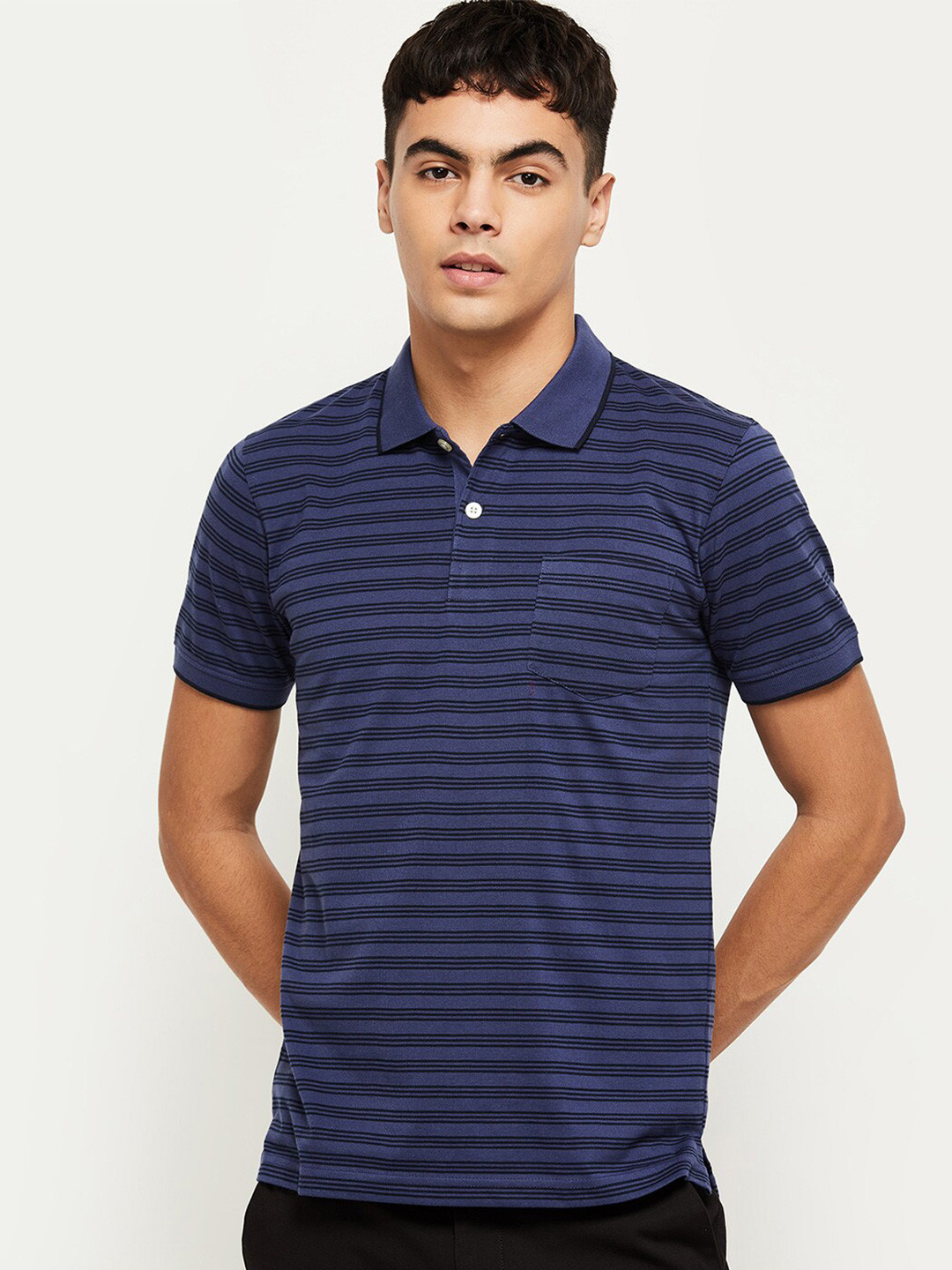 

max Men Blue Striped Polo Collar T-shirt