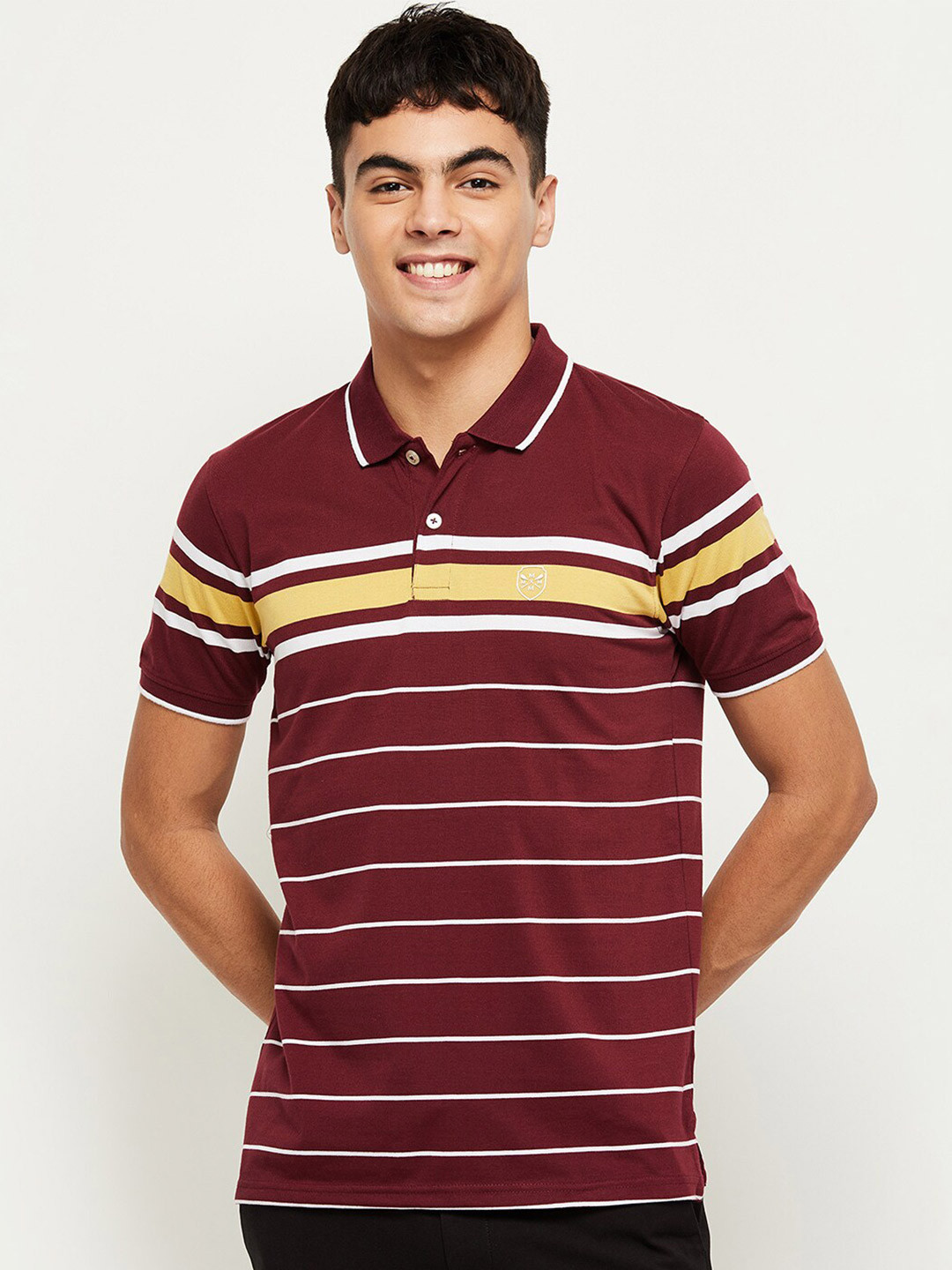 

max Men Maroon Striped Polo Collar T-shirt