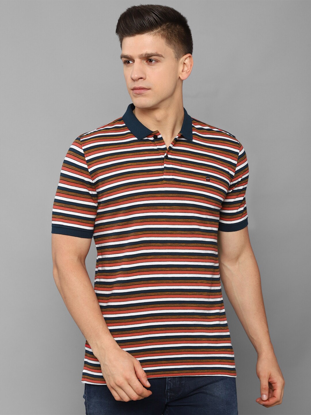 

Louis Philippe Sport Men Orange & White Striped Polo Collar Slim Fit T-shirt