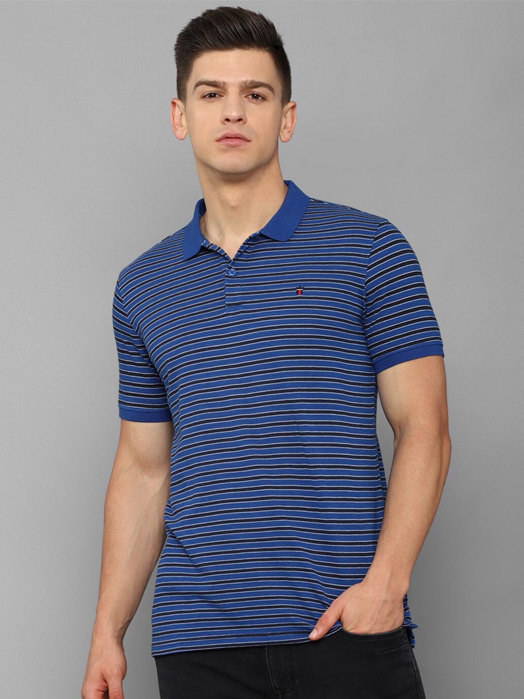 

Louis Philippe Sport Men Blue Cotton Striped Polo Collar Slim Fit T-shirt