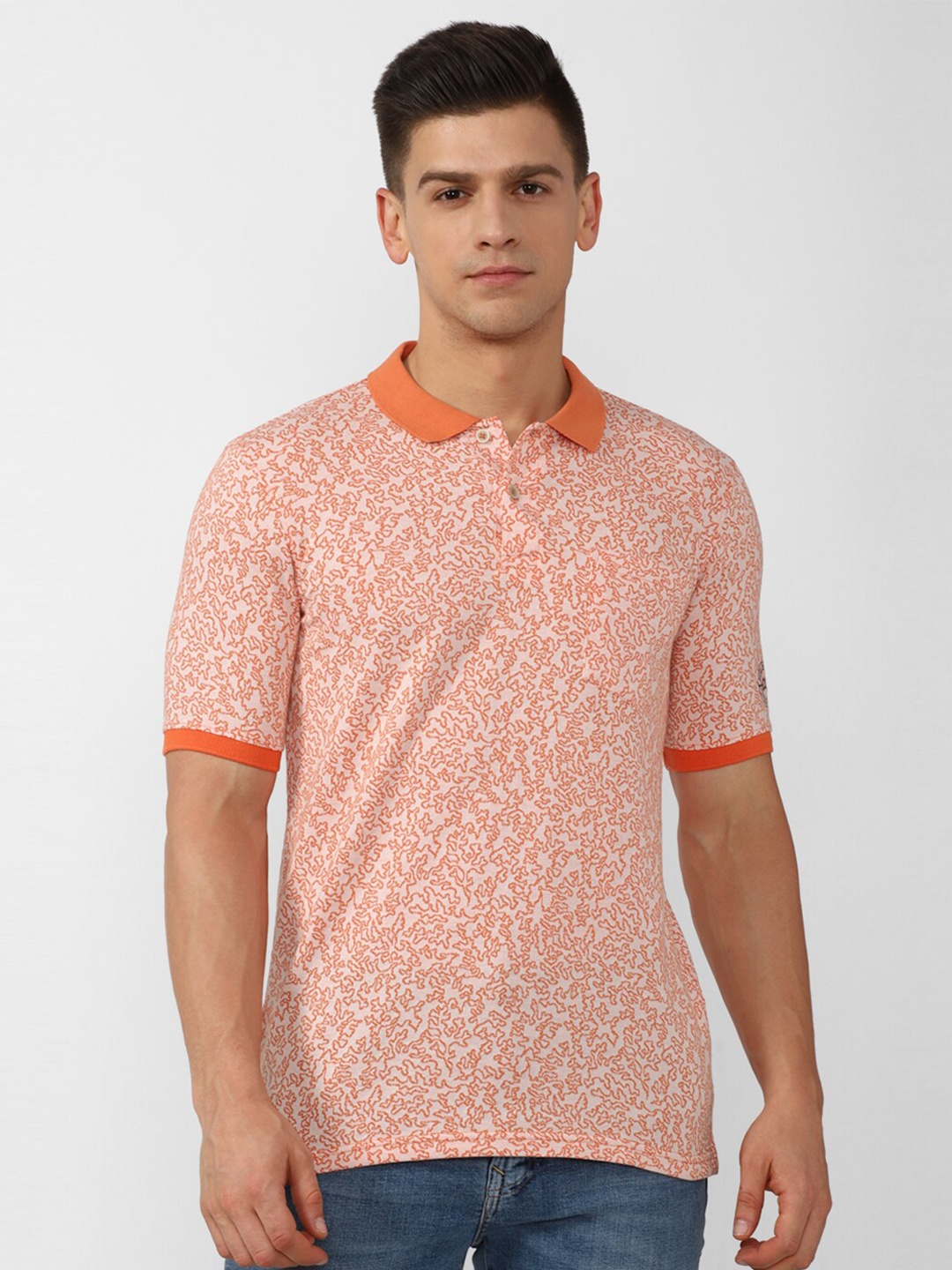

Peter England Casuals Men Orange Floral Printed Polo Collar T-shirt