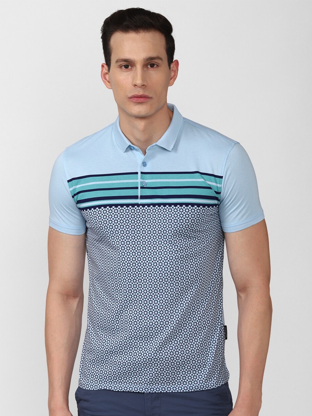 

V Dot Men Blue Printed Polo Collar Slim Fit T-shirt