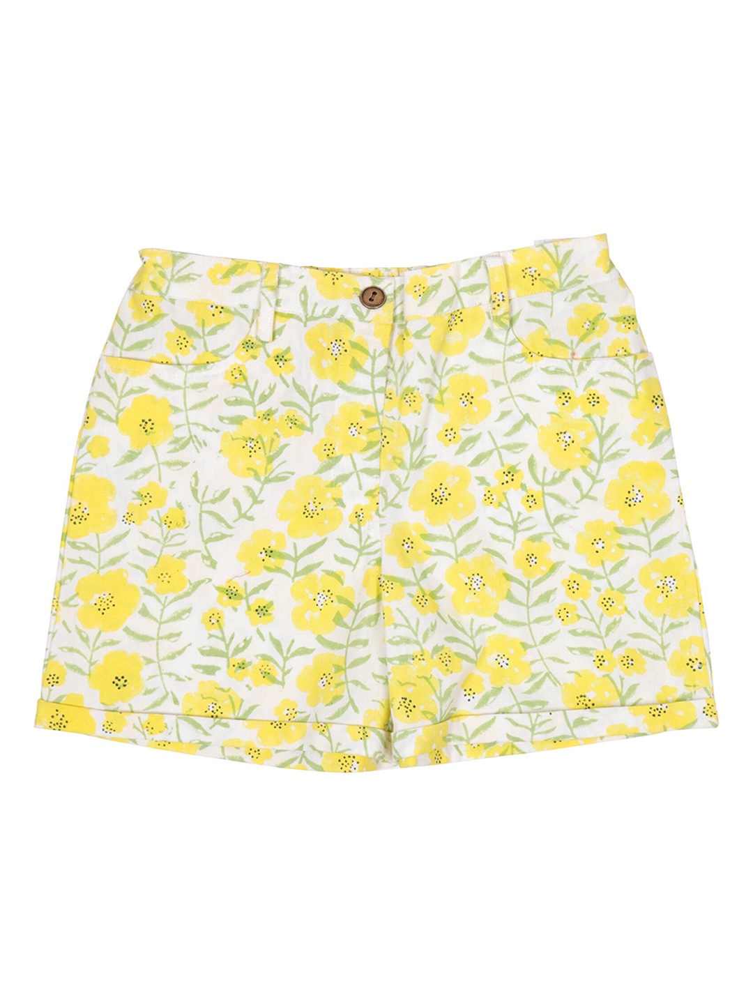 

My Little Lambs Girls Yellow Floral Printed Cotton Shorts