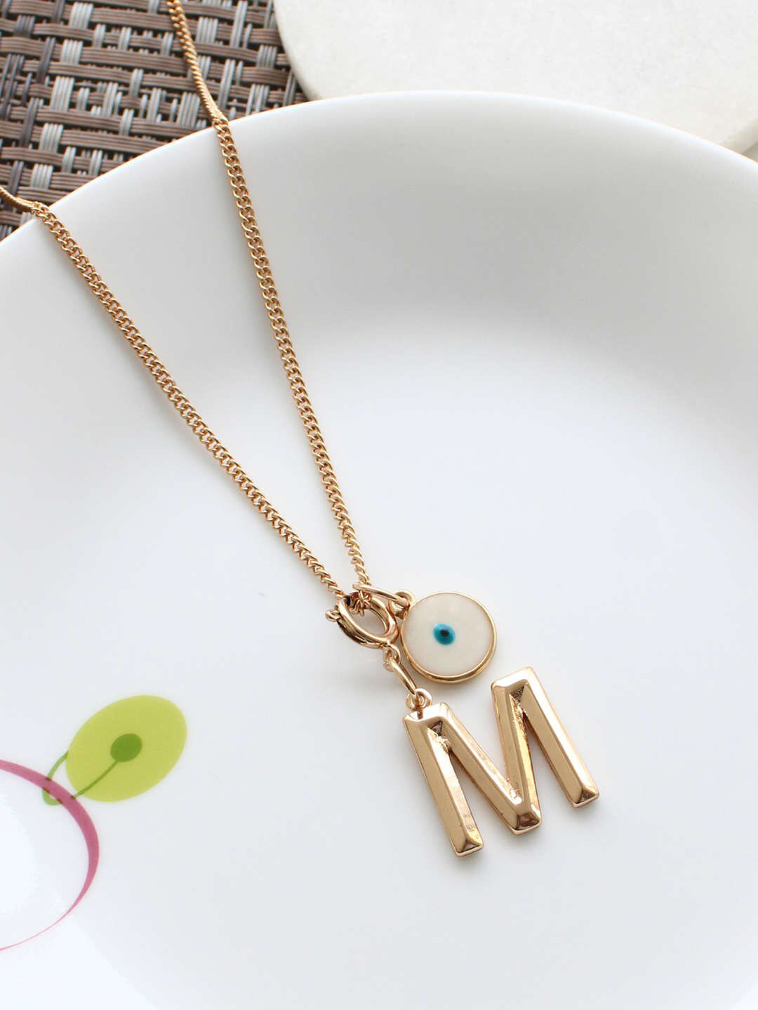 

Runway Ritual Gold-Toned & White Gold-Plated Alphabet "M" Charm Evil Eye Pendant Chain