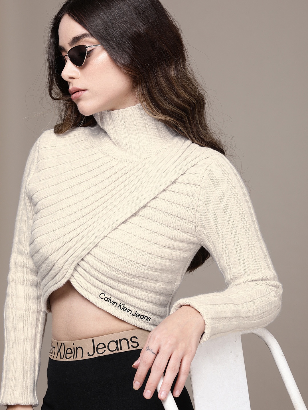 

Calvin Klein Jeans Women Off White Turtle Neck Self Design Crop Pullover