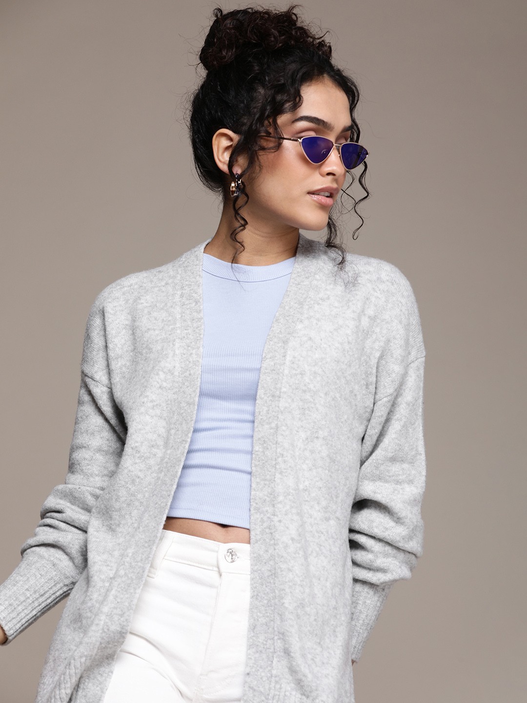

Calvin Klein Jeans Women Grey Melange Printed Longline Front-Open Cardigan