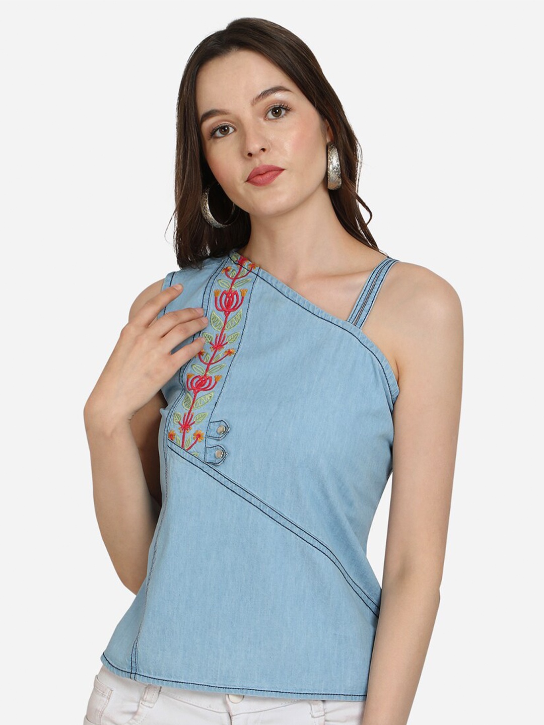 

Prettify Blue Embroidered One Shoulder Women Denim Top