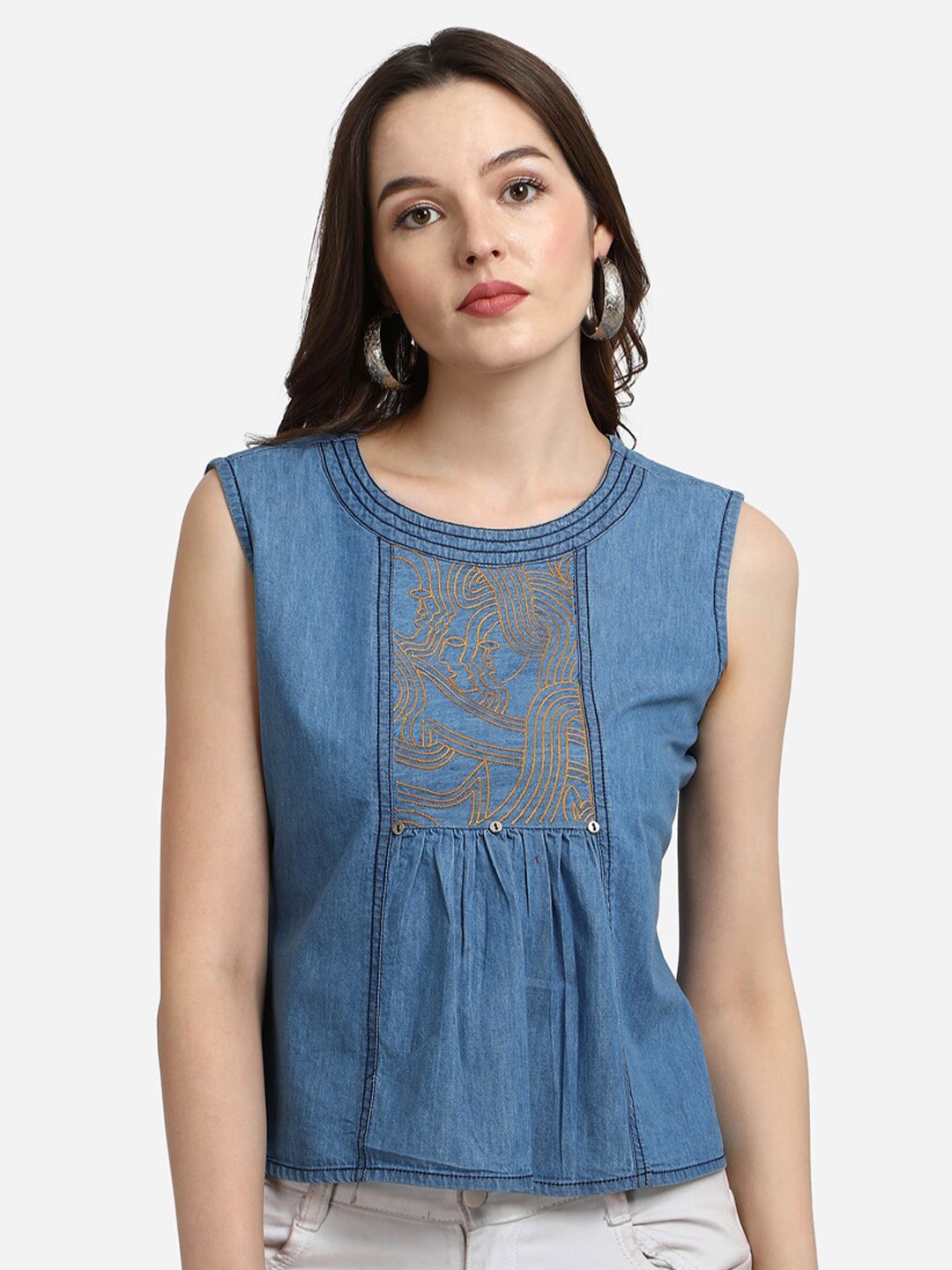 

Prettify Blue Embroidered Denim Top