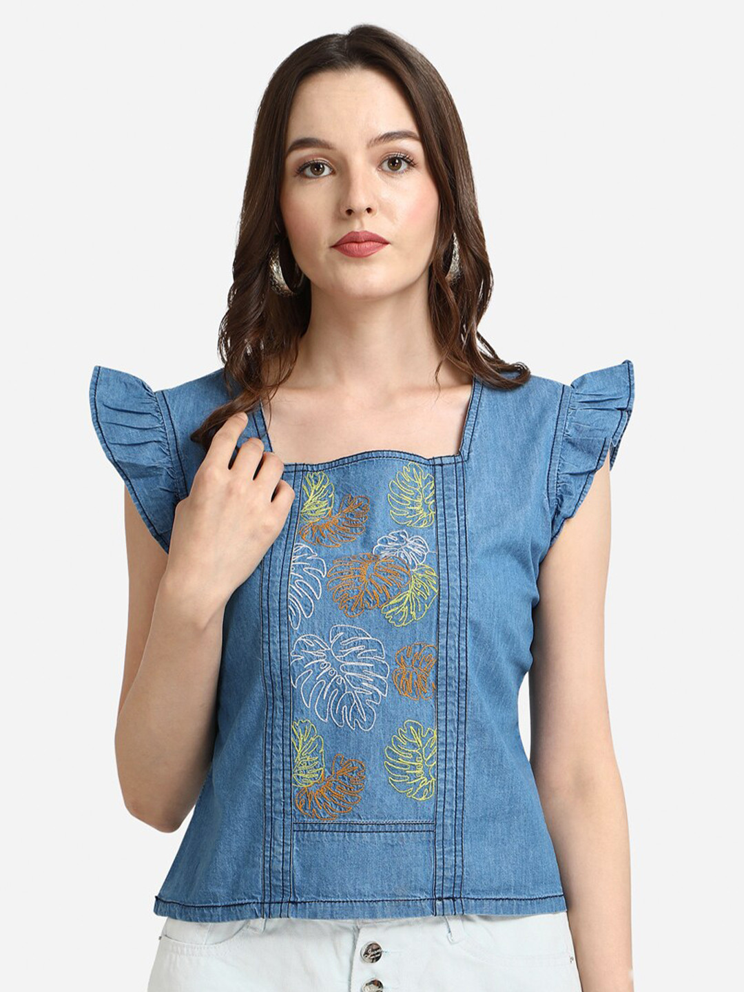 

Prettify Blue Floral Embroidered Denim Top