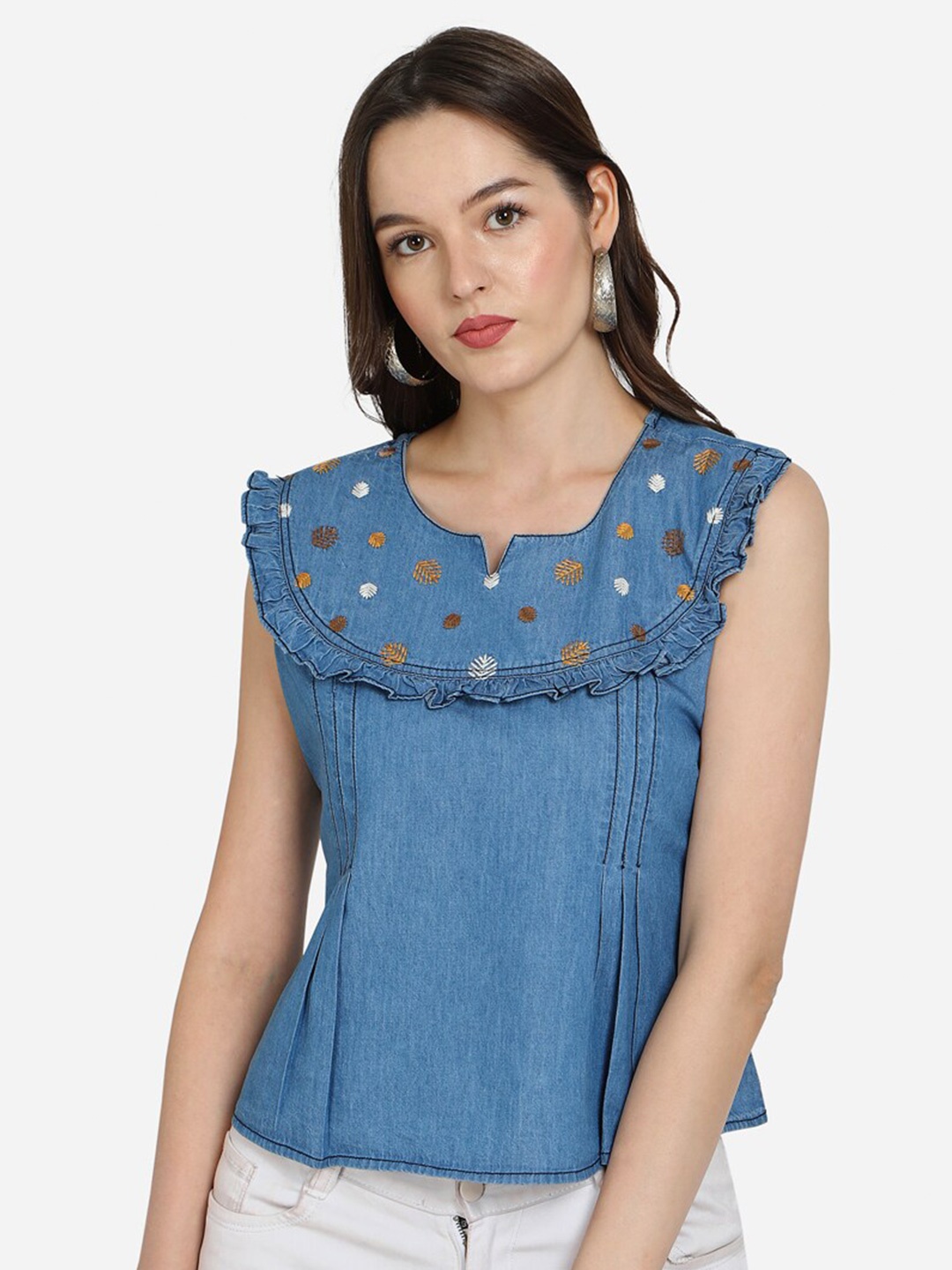 

Prettify Blue Embellished Embroidered Denim Top