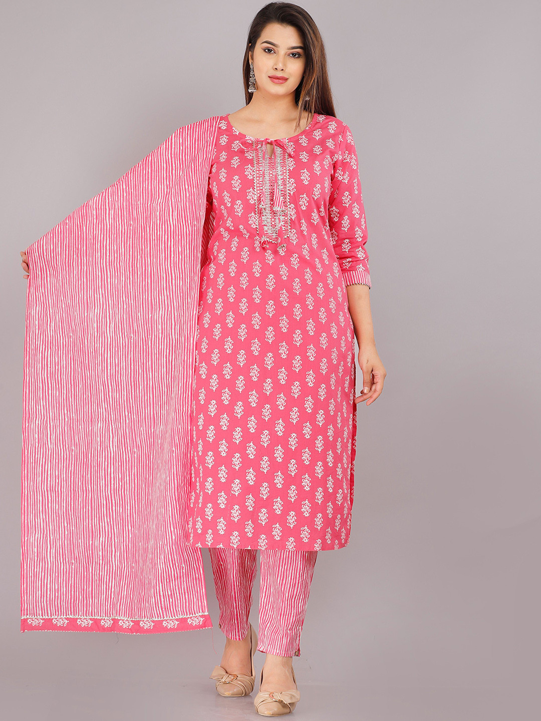 

KALINI Women Pink Ethnic Motifs Printed Pure Cotton Kurta with Trousers