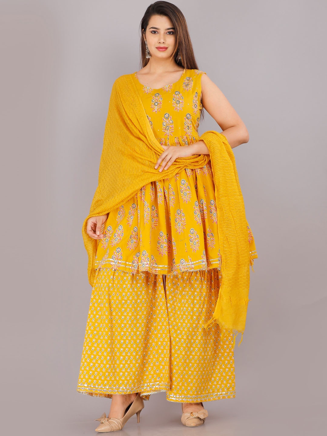 

KALINI Women Yellow Printed Pleated Pure Cotton Kurti with Sharara & Dupatta