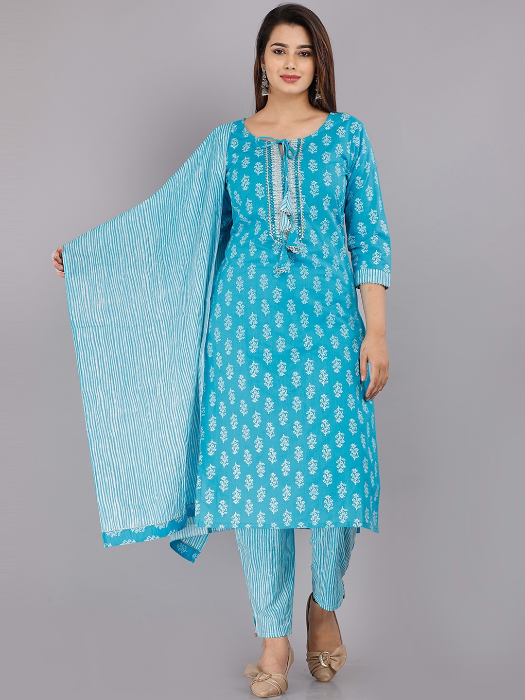 

KALINI Women Blue Ethnic Motifs Printed Pure Cotton Kurta with Trousers & With Dupatta