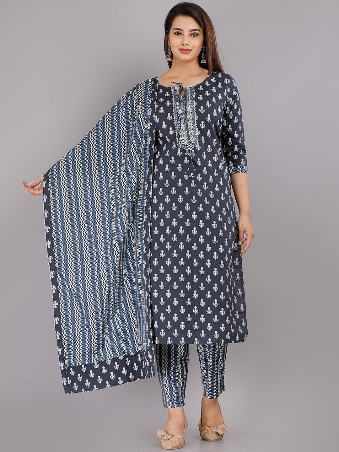 

KALINI Women Navy Blue Ethnic Motifs Printed Pure Cotton Kurta with Trousers & With Dupatta