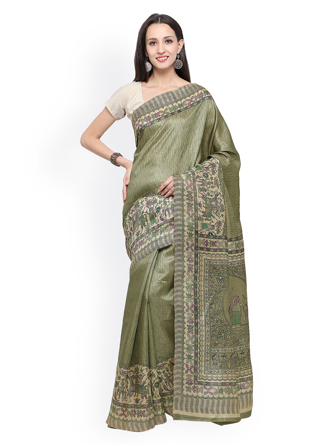 

Saree mall Olive Green Art Silk Printed Khadi Saree