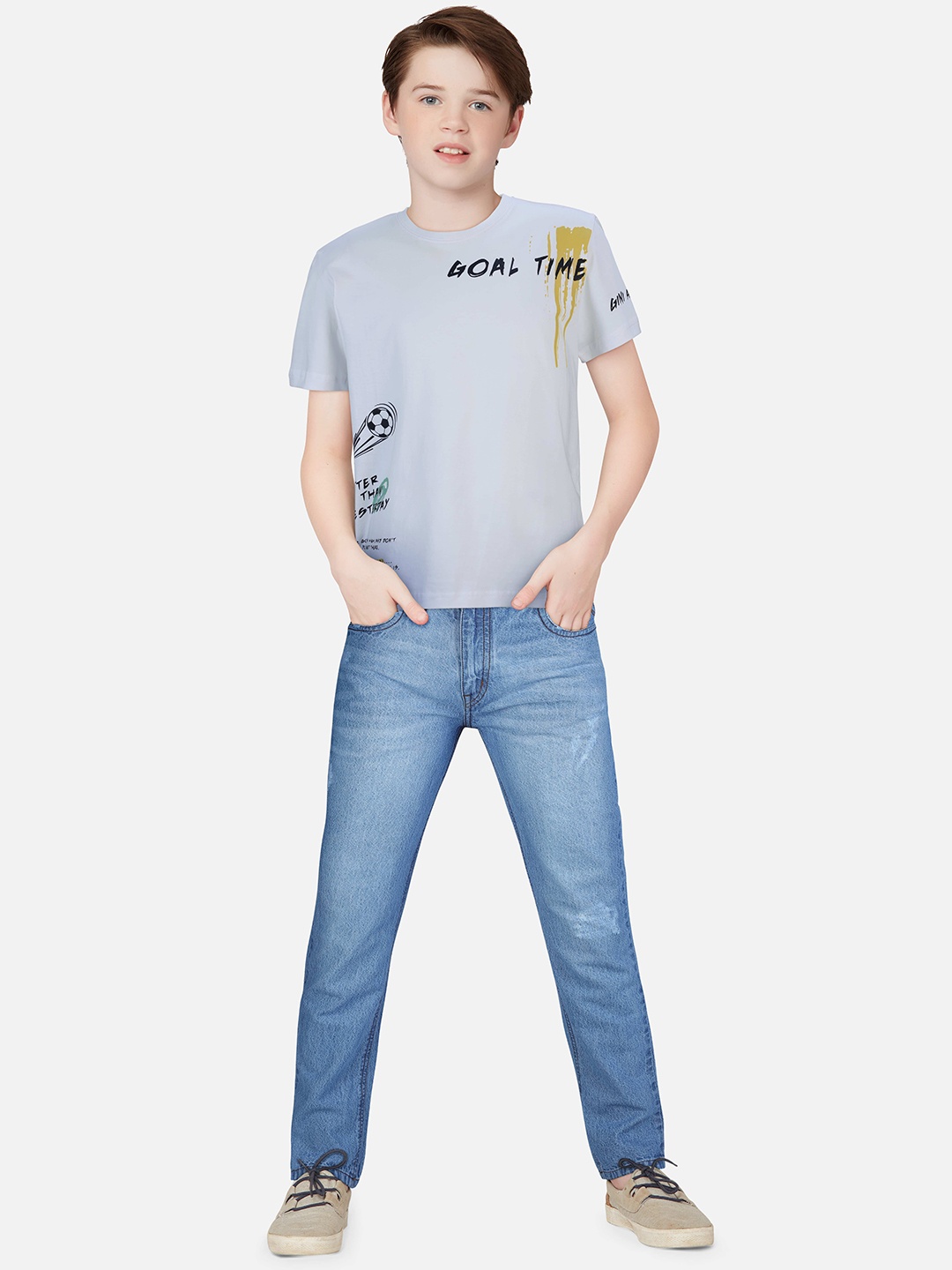 

Gini and Jony Boys White Printed Applique T-shirt