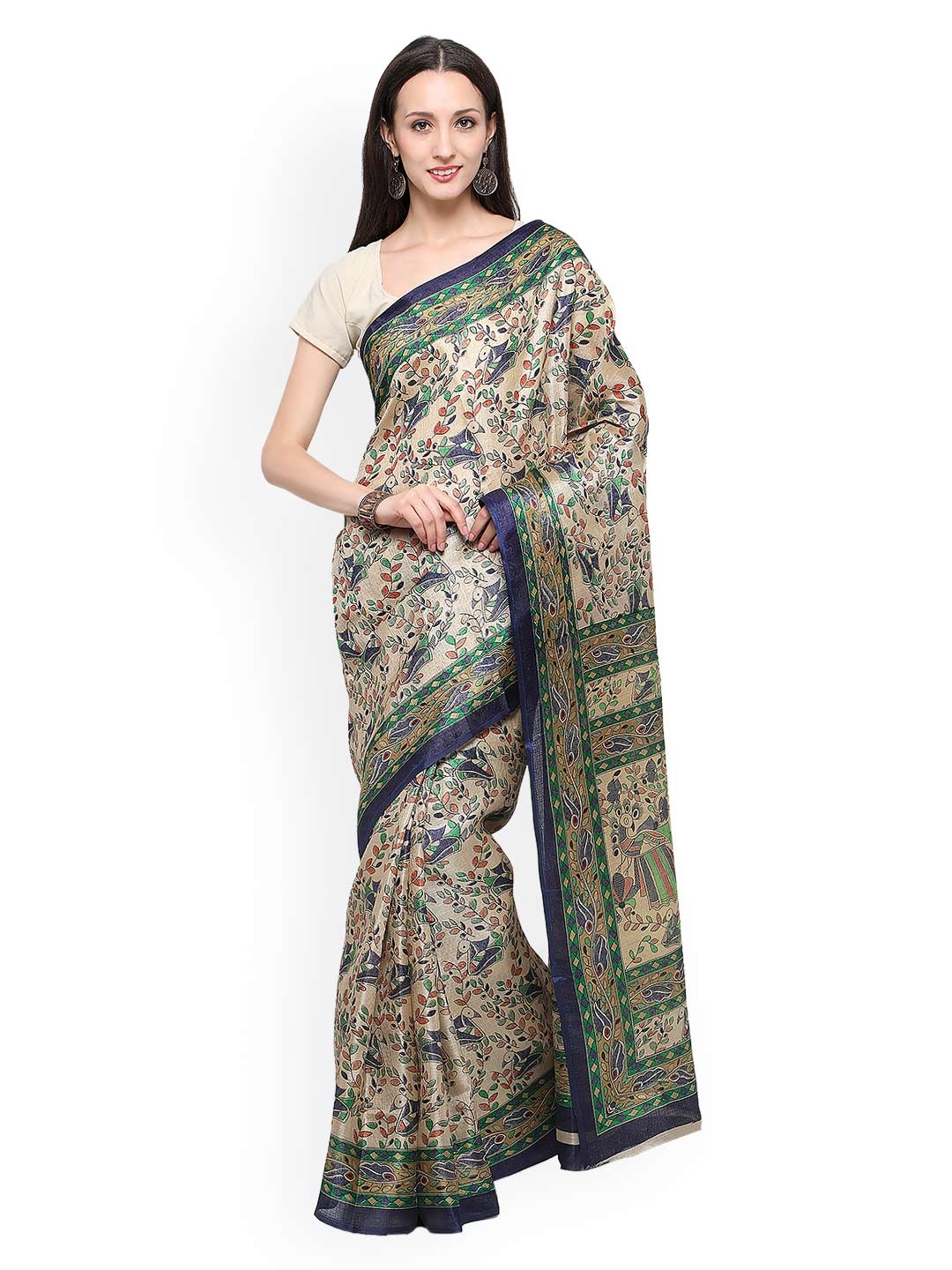 

Saree mall Beige & Navy Art Silk Printed Saree